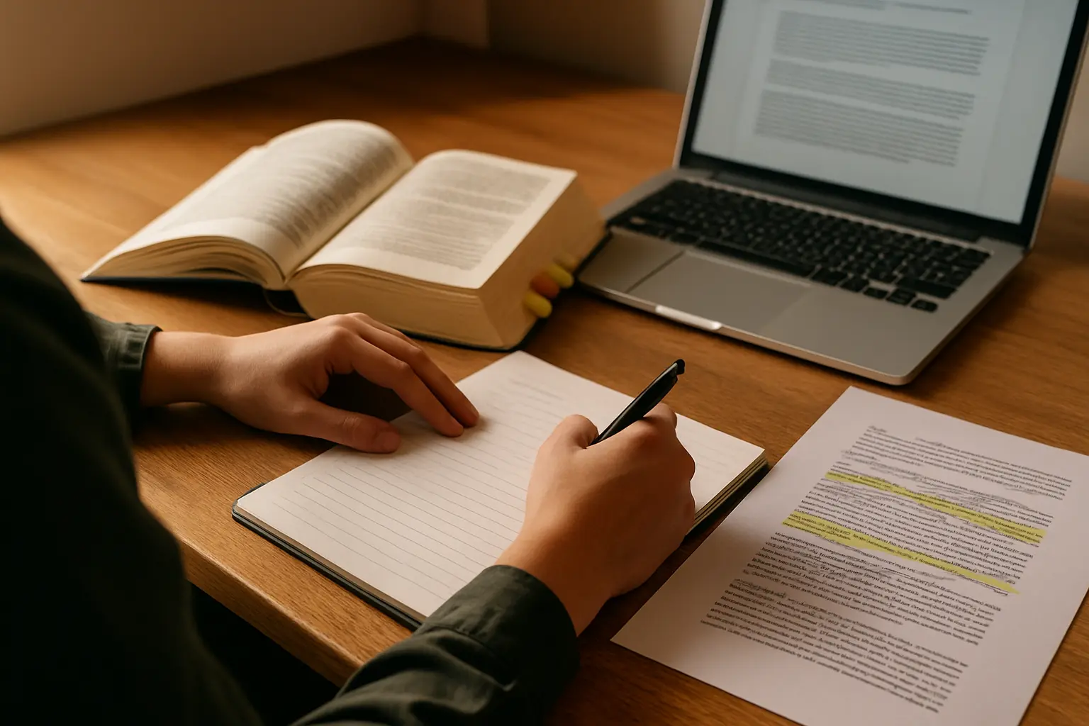 Mesa de estudante de Direito com Código Penal anotado, acórdão impresso e notebook aberto no rascunho da introdução