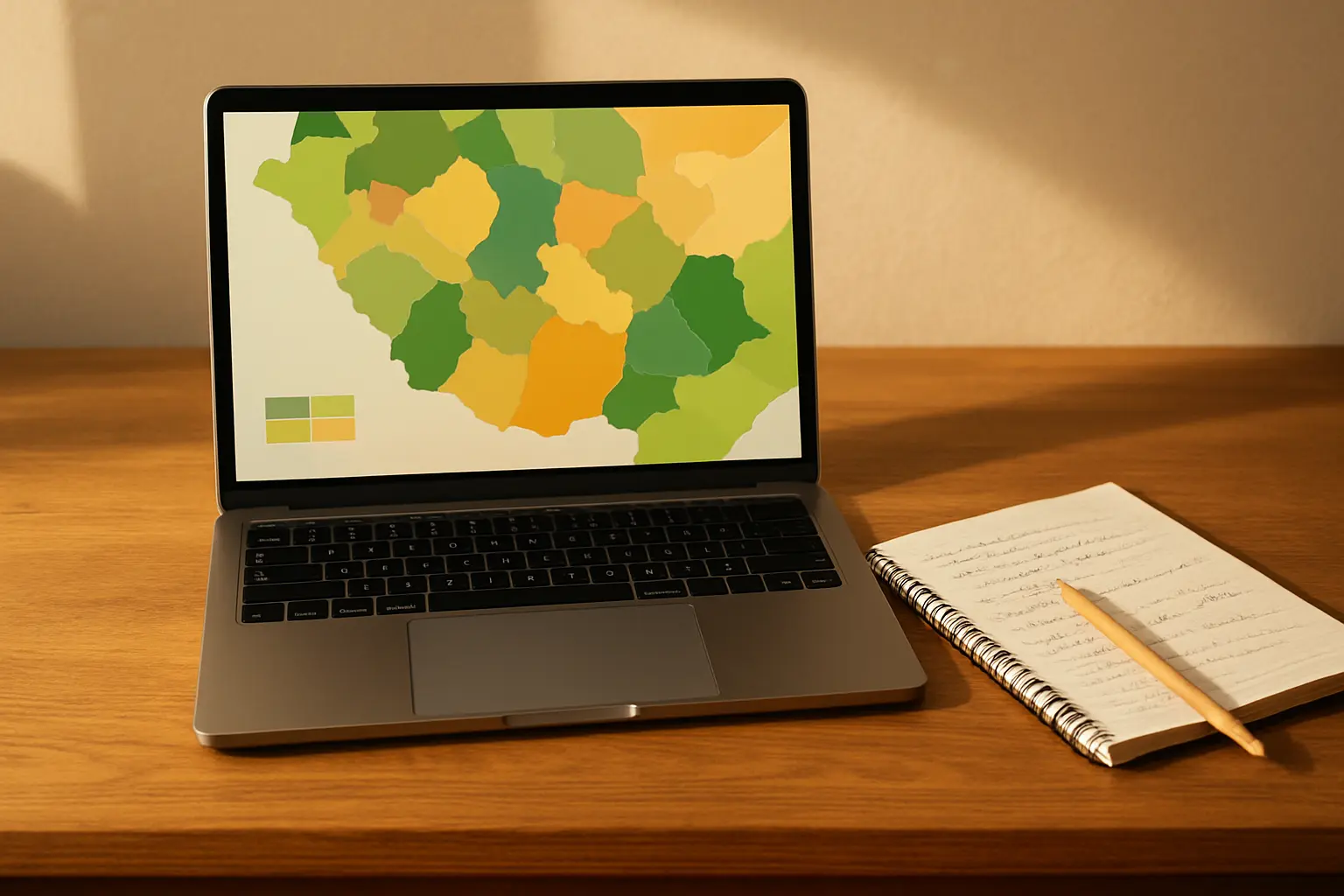 Notebook aberto numa mesa mostrando um mapa temático de uso do solo em tons de verde e amarelo, ao lado de um caderno com anotações