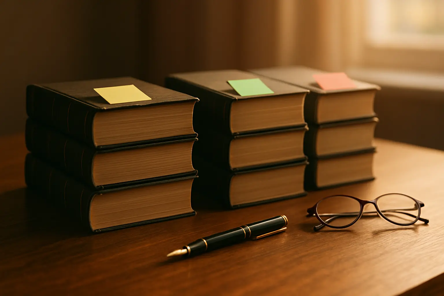 Três pilhas de livros jurídicos sobre uma mesa, cada uma com uma etiqueta de camada do referencial teórico