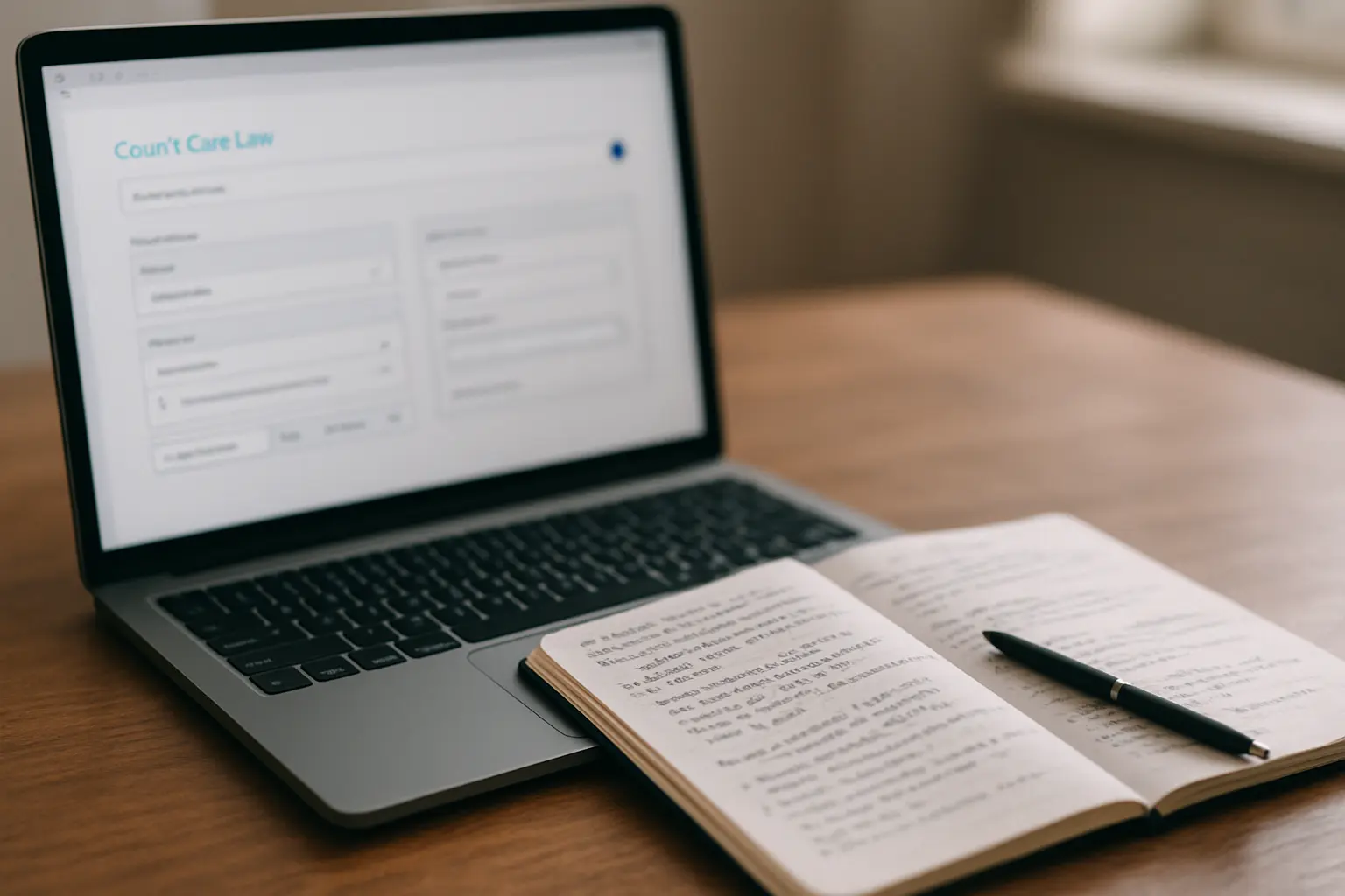 Tela de repositório de jurisprudência com filtros de tribunal e período preenchidos ao lado de um caderno de anotações