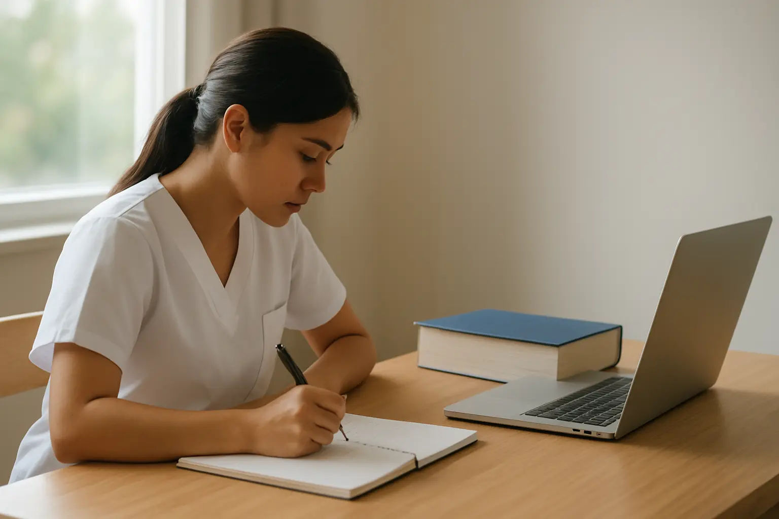 Enfermeira sentada numa sala de estudos escrevendo no caderno os objetivos do projeto de pesquisa ao lado de um manual de diagnósticos de enfermagem
