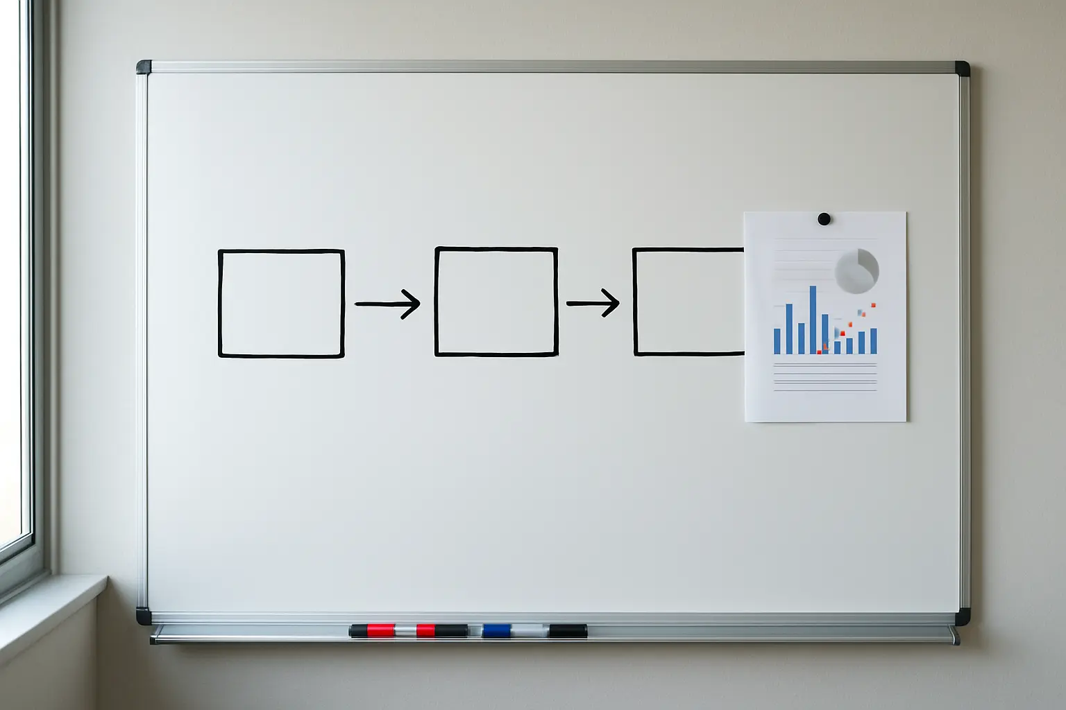 Quadro branco com as palavras problema, hipótese e variáveis ligadas por setas a indicadores de uma empresa