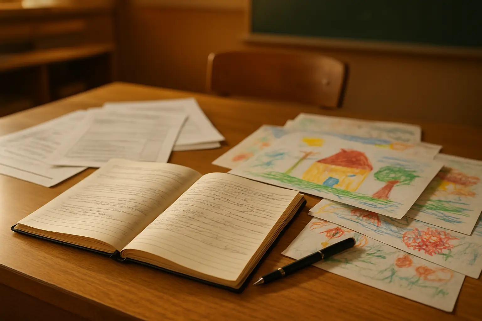 Mesa de professora com planos de aula impressos, um diário de bordo aberto com anotações à mão e desenhos de crianças ao lado