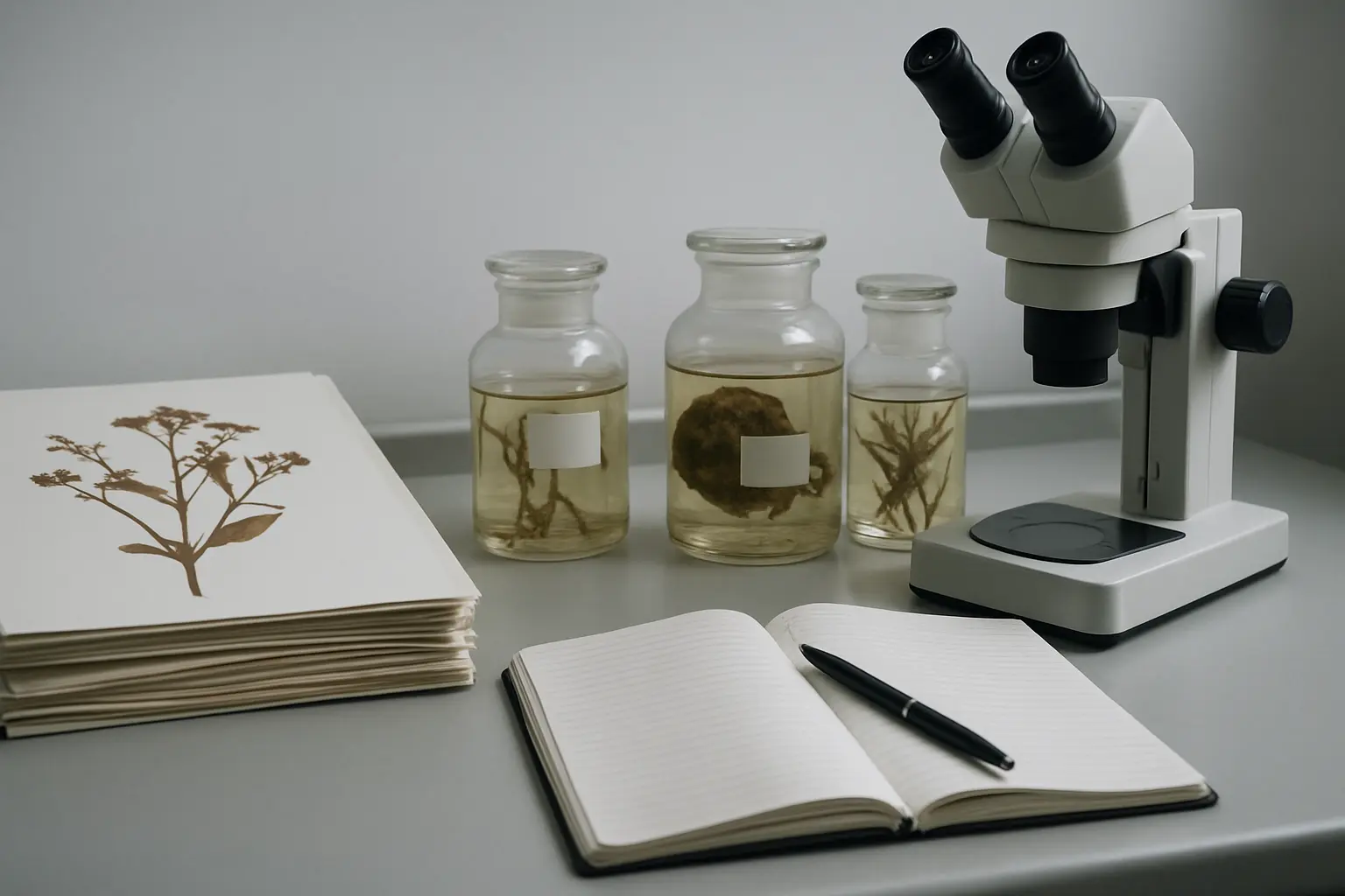 Bancada de laboratório com exsicatas prensadas, frascos com material biológico conservado e um caderno de registro de coleta