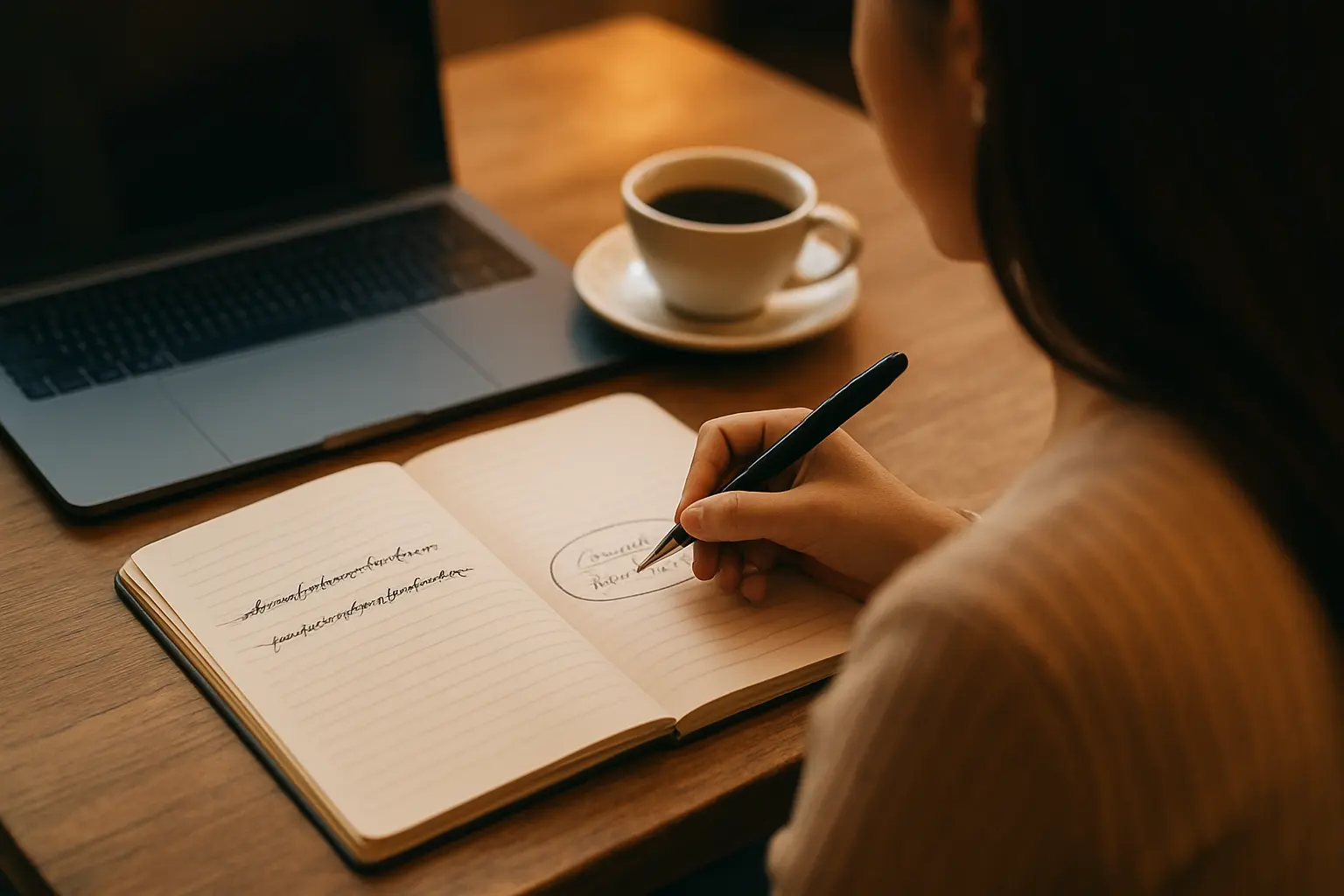 Estudante de Administração comparando duas versões de título escritas à mão num caderno, com uma delas riscada e a outra circulada