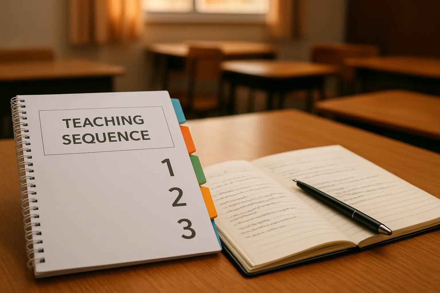 Sequência didática impressa com páginas numeradas e abas coloridas sobre a mesa de um professor, ao lado de um caderno de planejamento