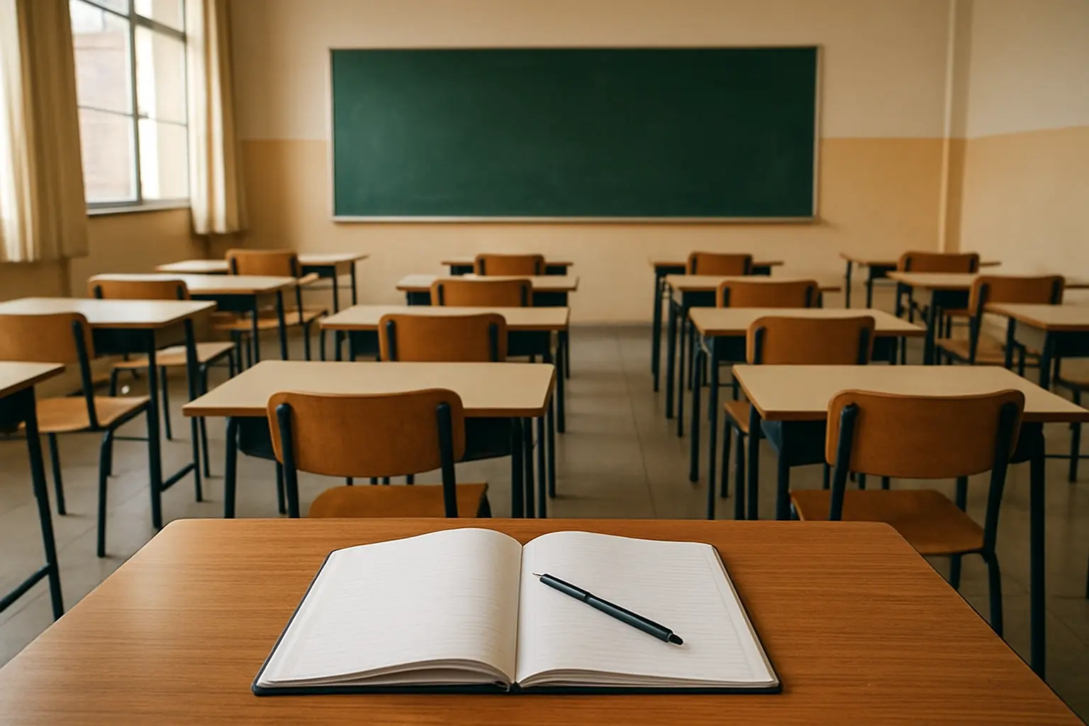 Sala de aula de ensino fundamental vazia com carteiras pequenas, um caderno de campo e uma caneta sobre a mesa da professora