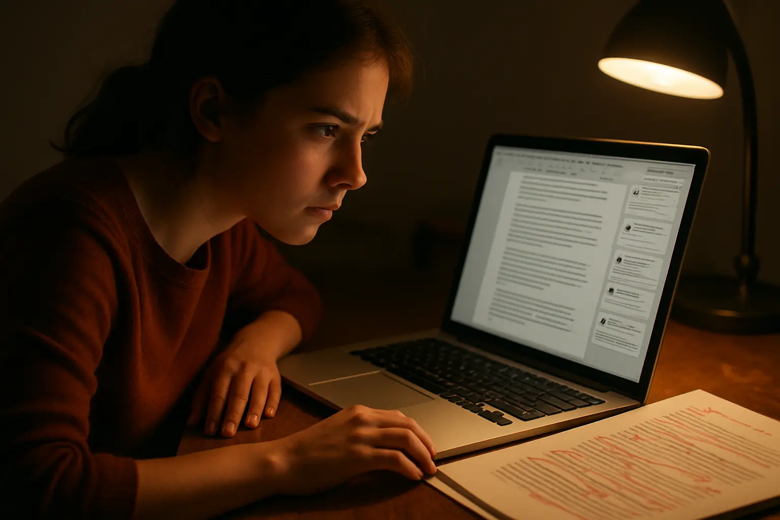 Estudante de Marketing diante de um capítulo do referencial teórico devolvido pelo orientador cheio de comentários e marcações de paráfrase malfeita