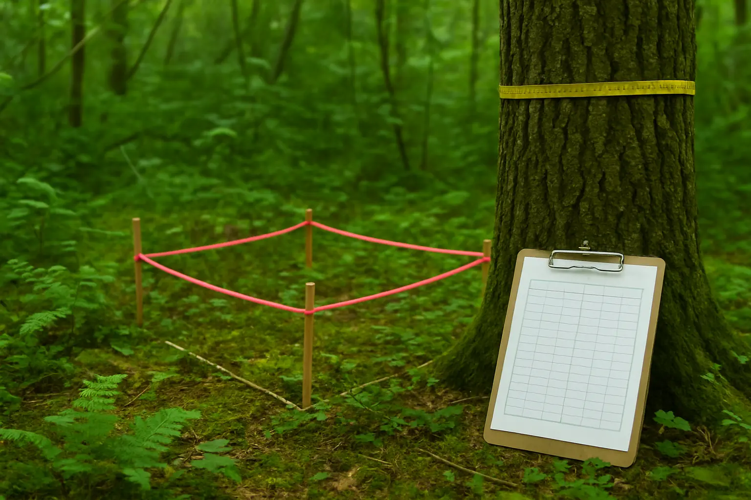 Parcela demarcada com fita e estacas numa área de mata, com trena, prancheta e caderno de campo apoiados na vegetação