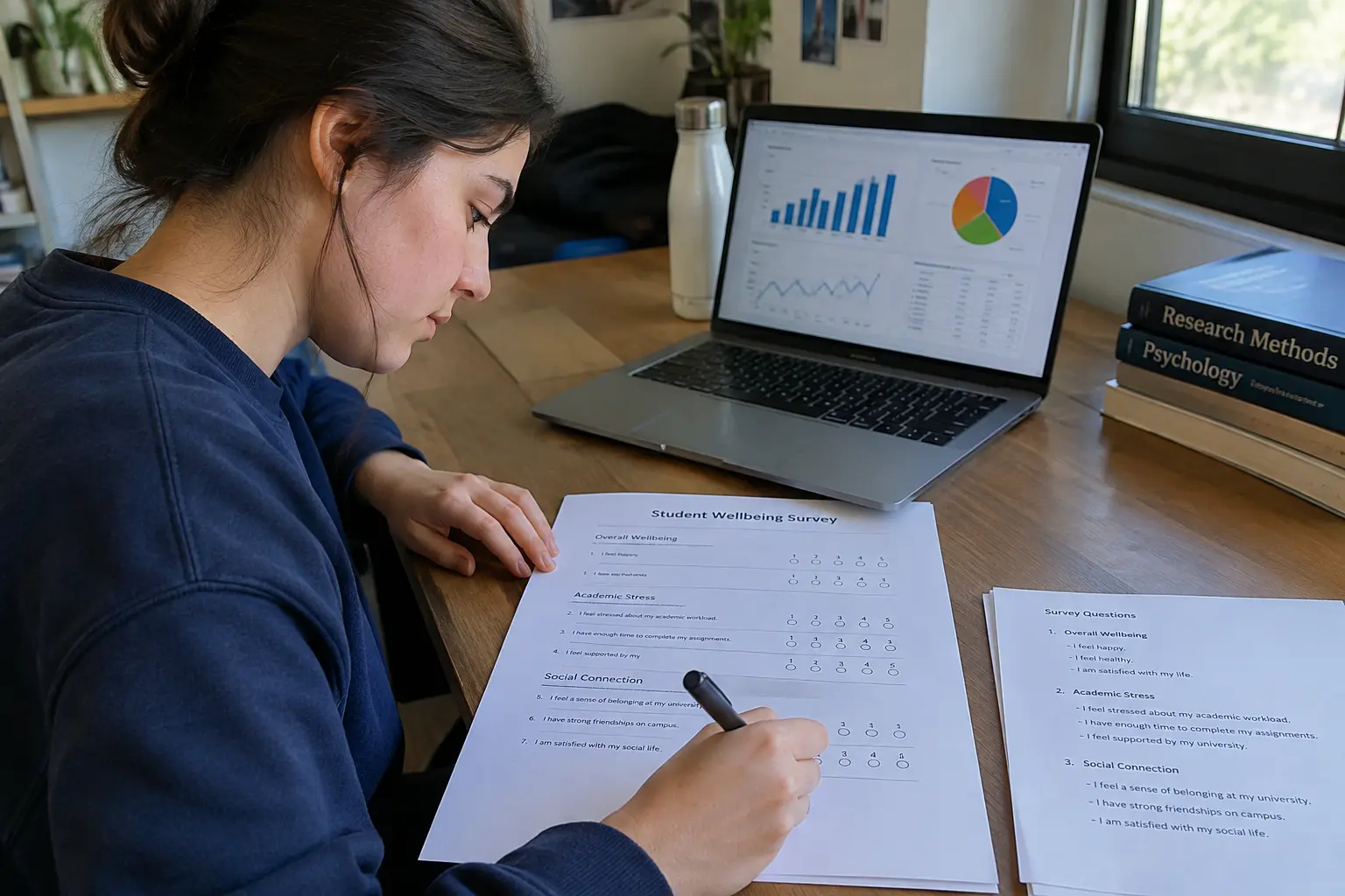 Estudante organizando questionário estruturado com escalas para pesquisa acadêmica