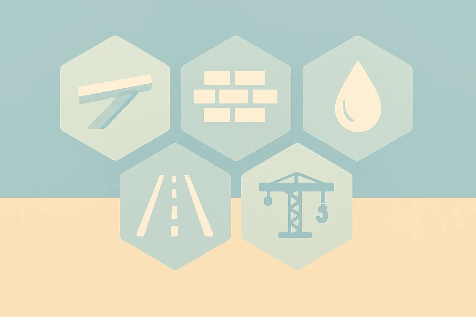 Ilustração de seis hexágonos com ícones das áreas da Engenharia Civil: estruturas, materiais, hidráulica, transportes, construção e sustentabilidade