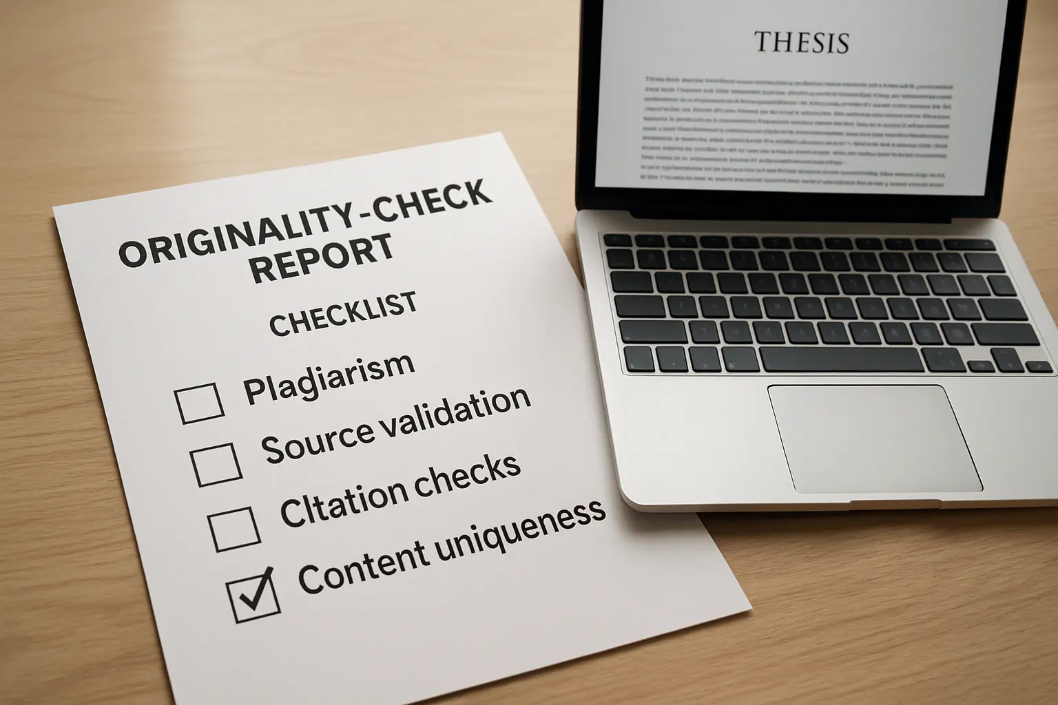 Checklist impresso de revisão de originalidade ao lado de um laptop com o texto do TCC de Educação Física aberto