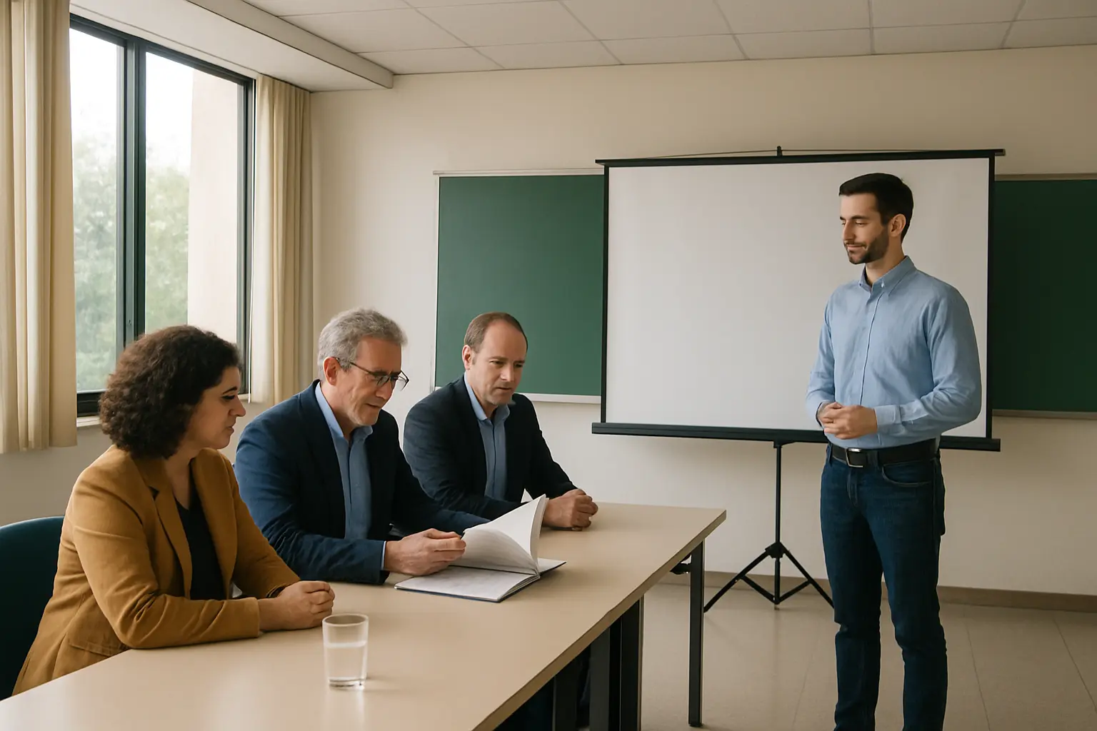 Banca examinadora de TCC analisando a monografia enquanto a estudante apresenta ao lado do projetor