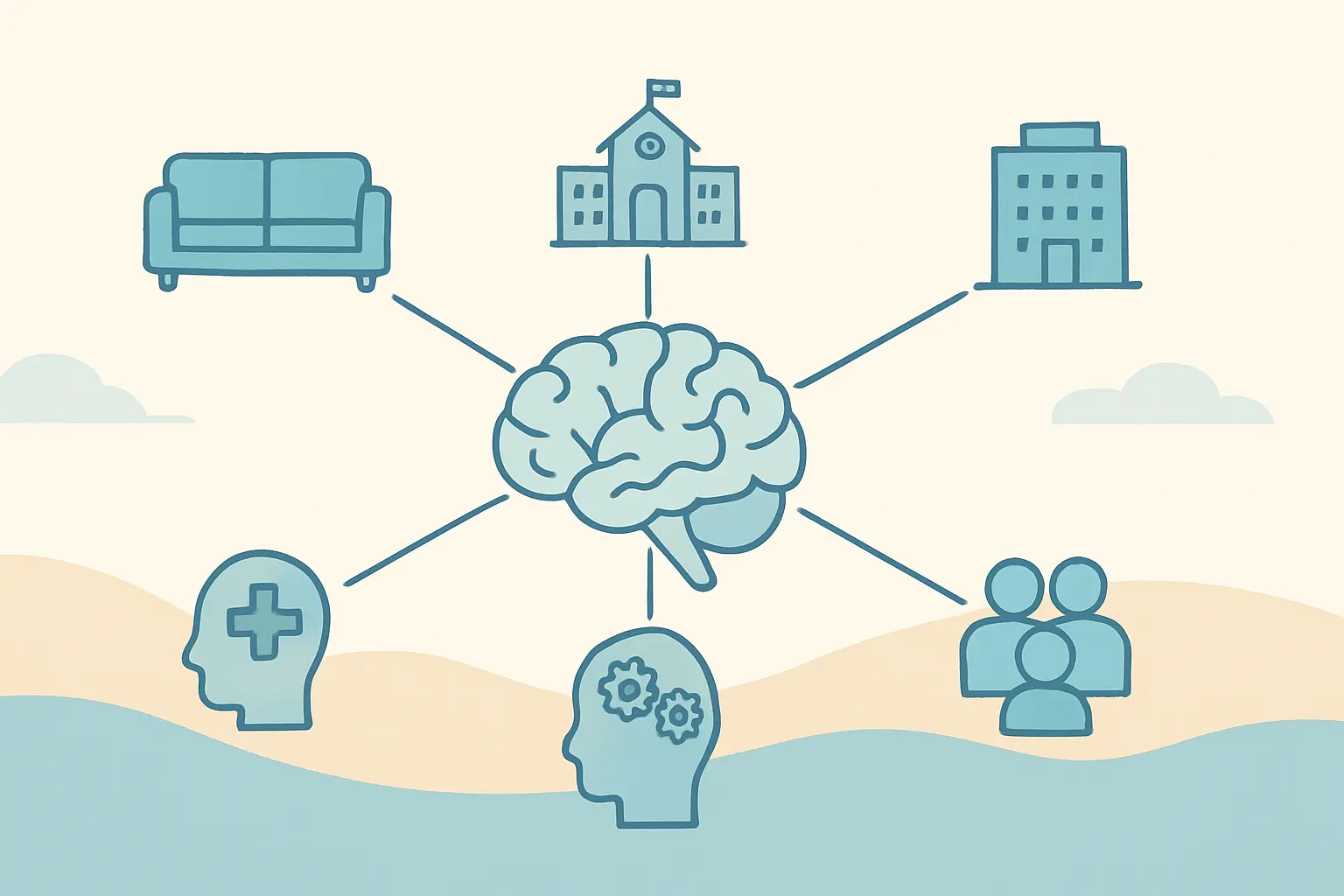 Ilustração de mapa mental com seis ramos representando as áreas da Psicologia: clínica, escolar, organizacional, social, neuropsicologia e saúde