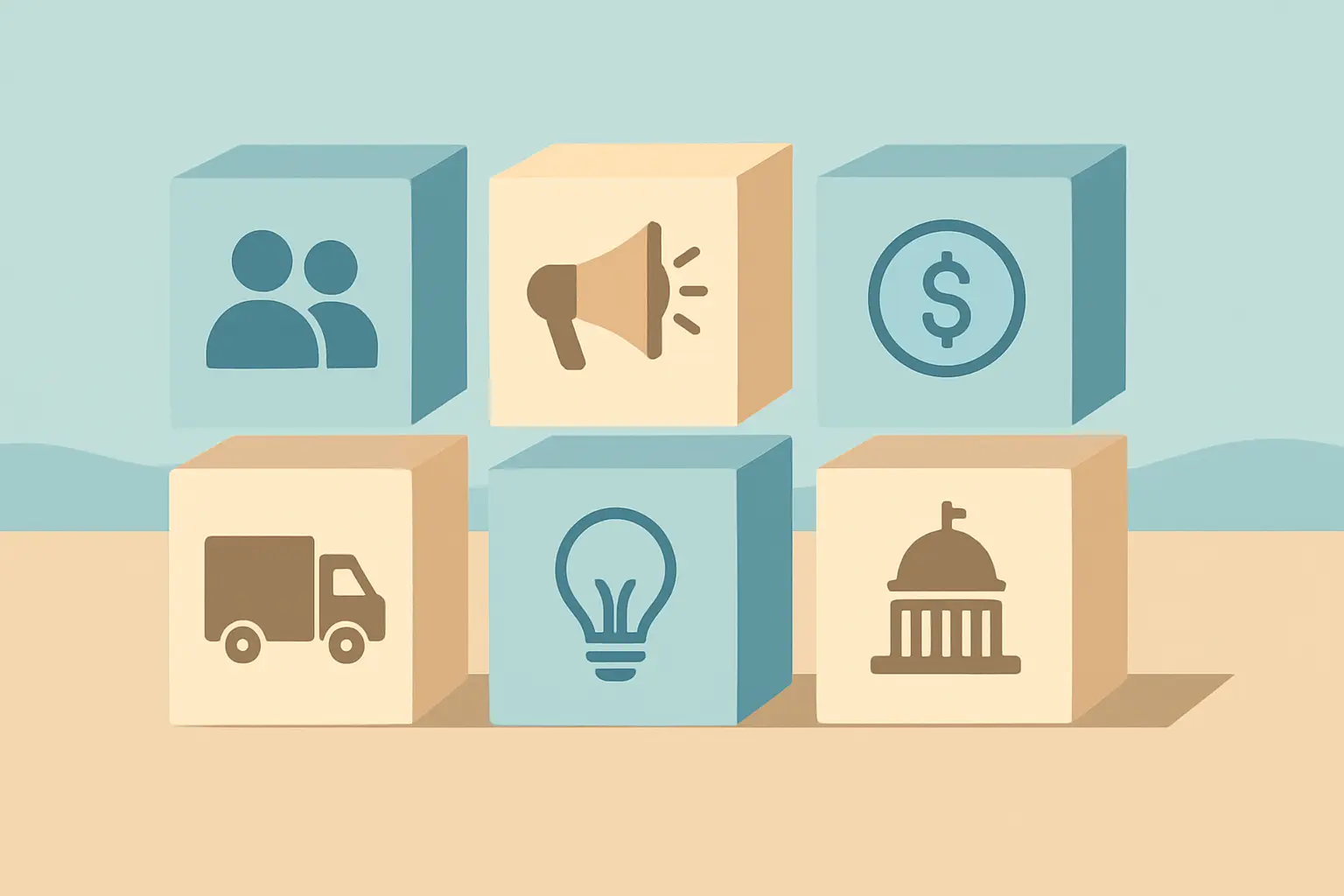Ilustração de seis blocos com ícones das áreas da Administração: pessoas, marketing, finanças, logística, empreendedorismo e gestão pública