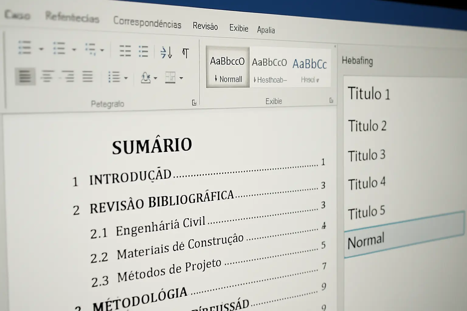 Tela de computador mostrando sumário automático gerado no Word para um TCC de Engenharia Civil