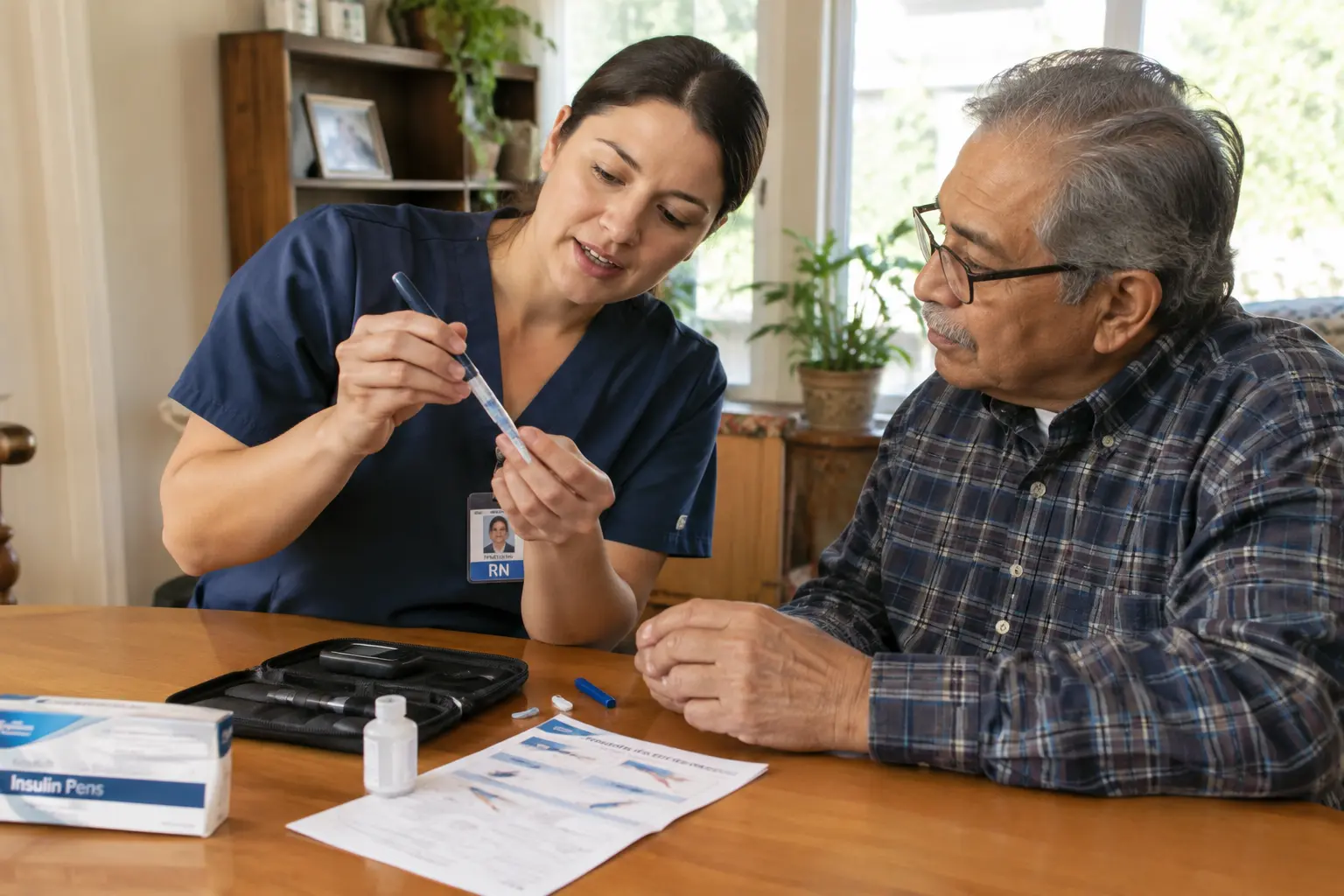 Enfermeira orientando paciente sobre autocuidado no controle do diabetes em casa