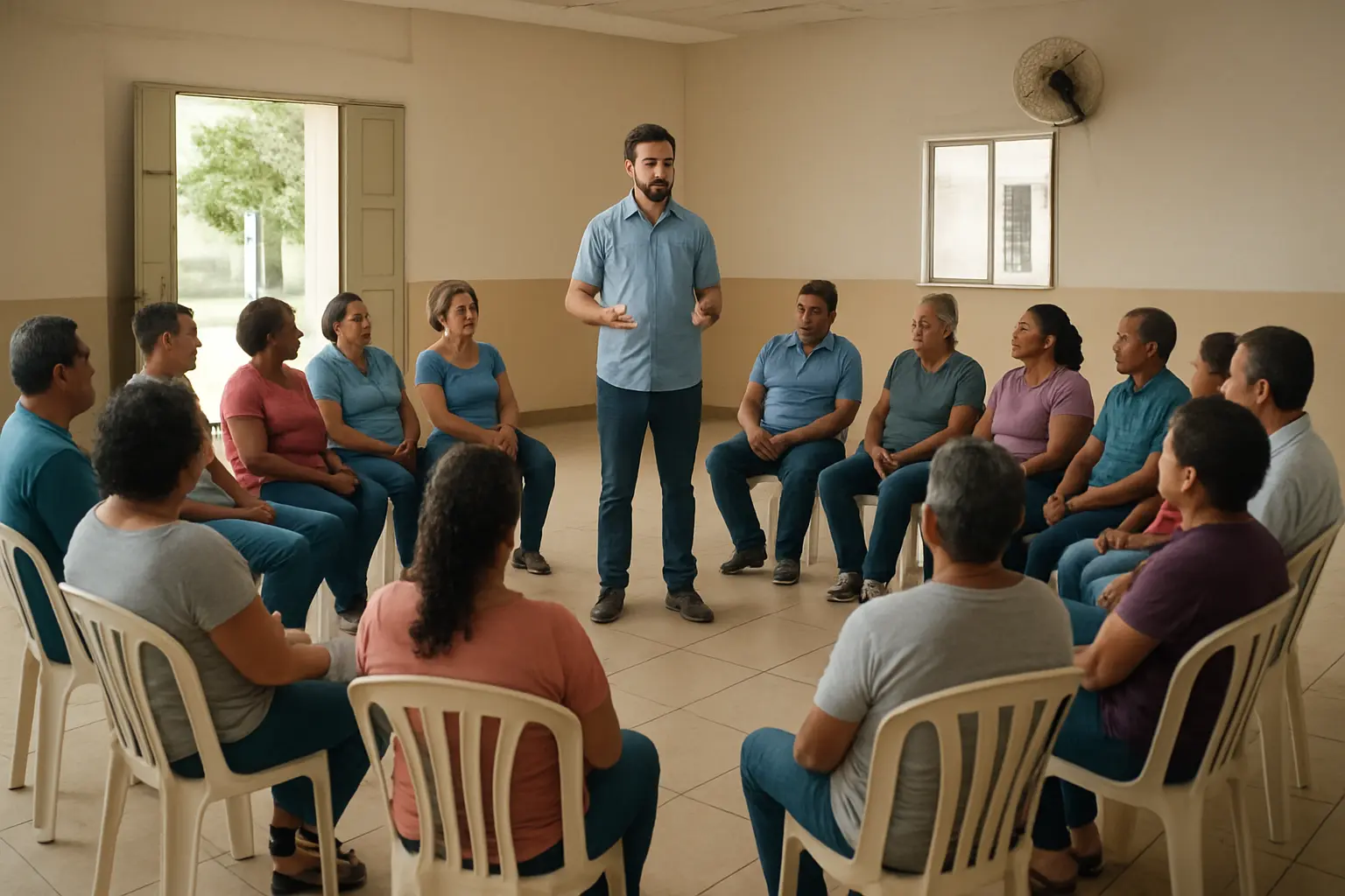 Reunião comunitária em salão de associação de bairro com pessoas sentadas em círculo