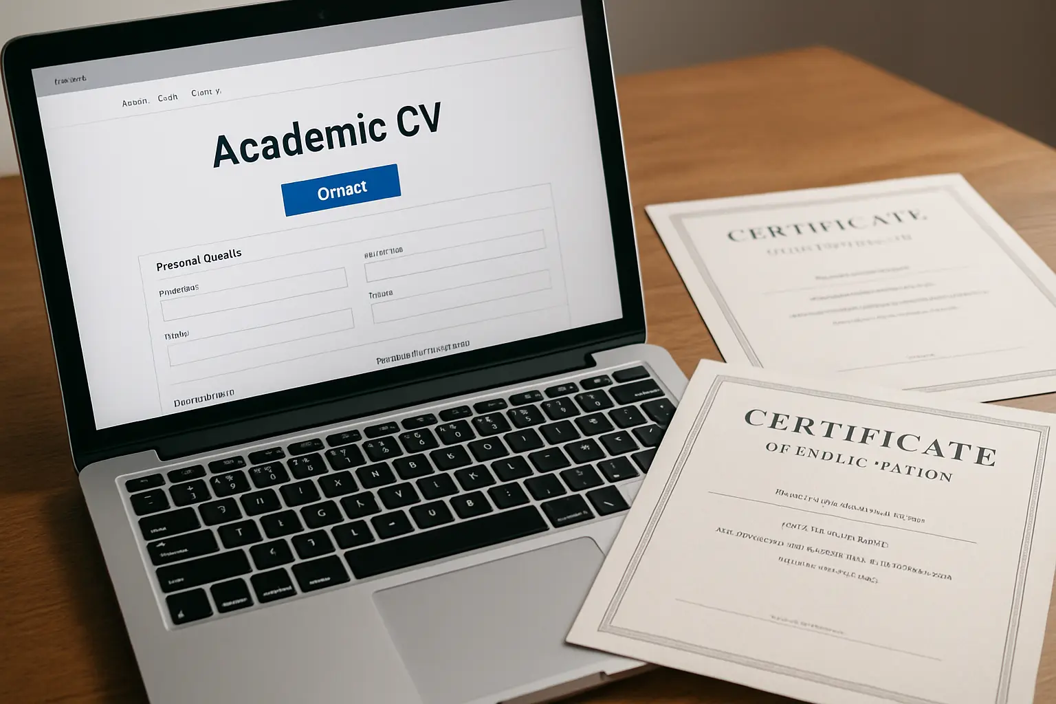 Tela do currículo Lattes sendo atualizada em um laptop, com certificados de eventos científicos organizados ao lado