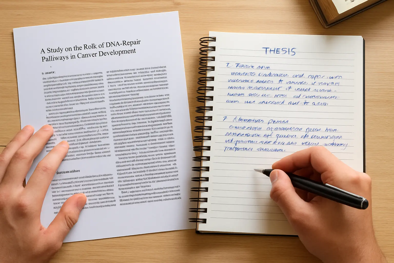 Estudante de Educação Física comparando um artigo científico impresso com seu próprio texto de TCC em um caderno