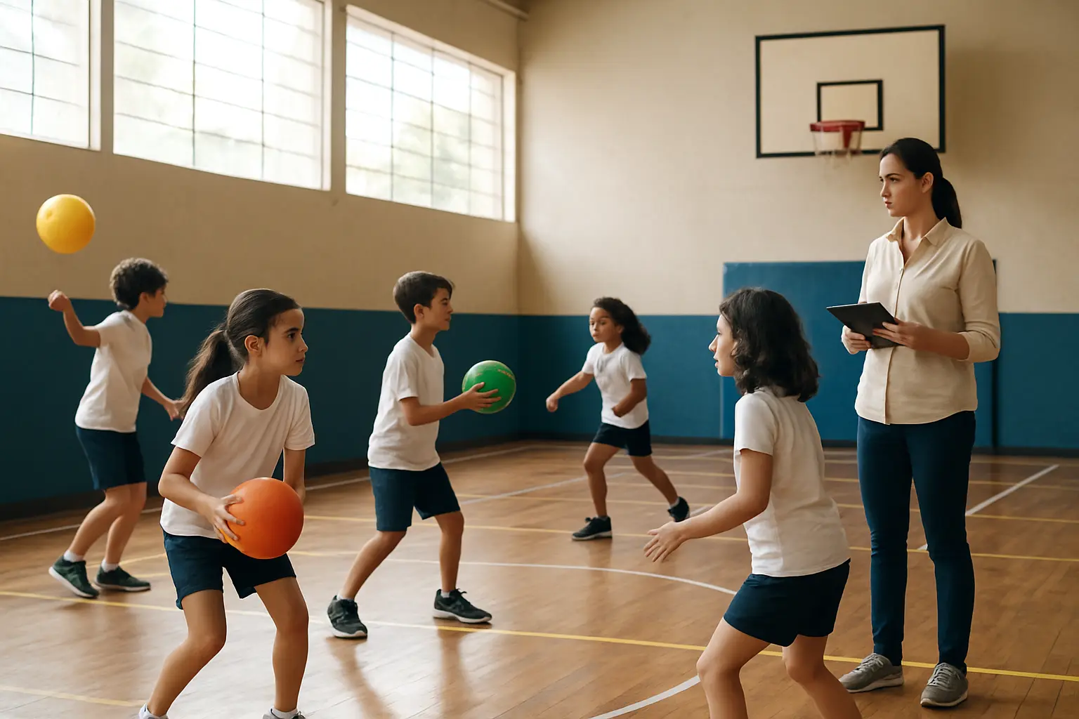 Aula de Educação Física escolar em quadra coberta, com a professora observando e anotando