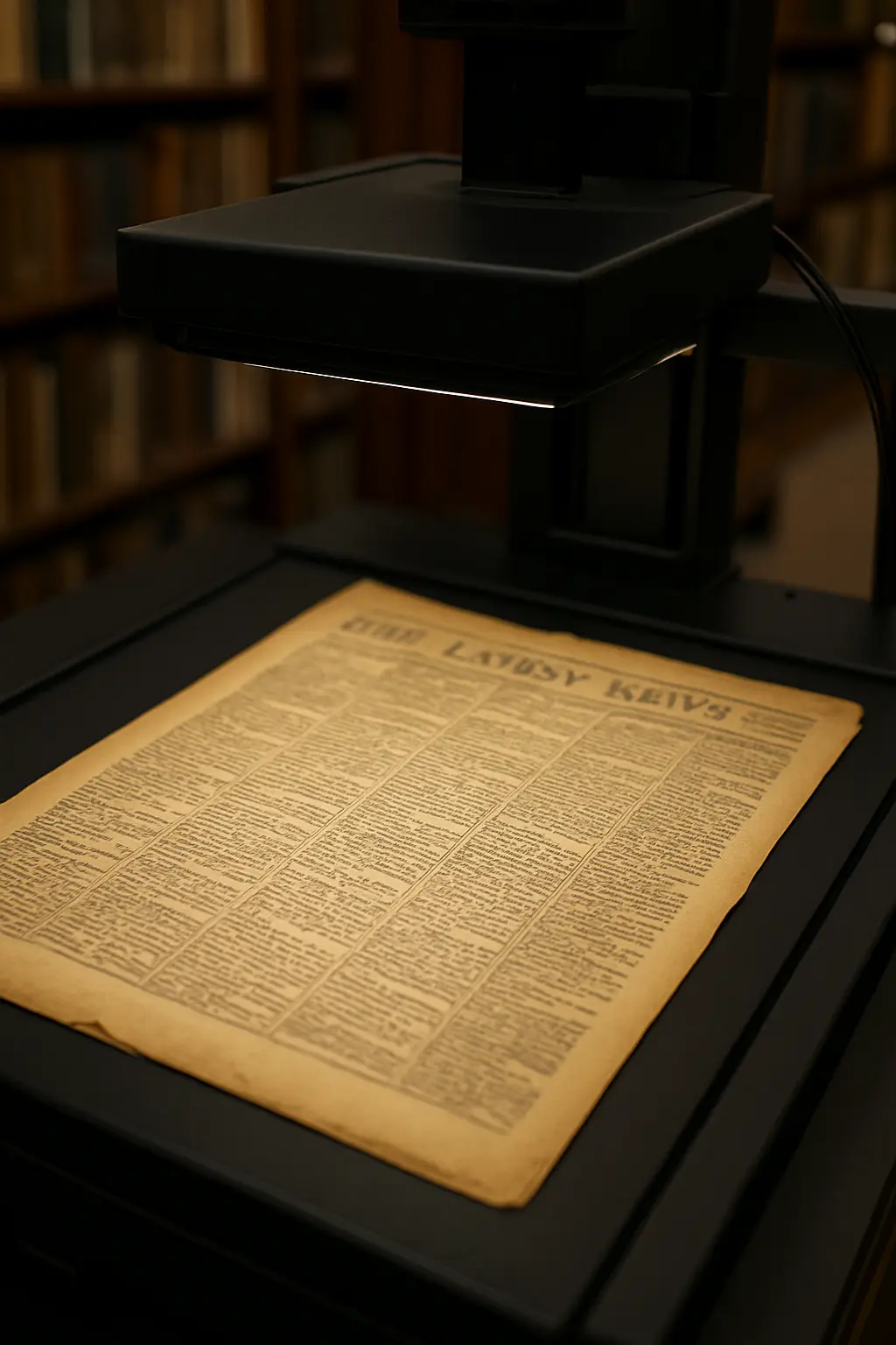 Página de jornal antigo amarelado sendo fotografada para digitalização em um acervo de biblioteca