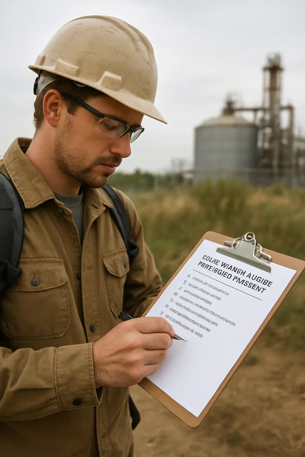 Estudante de Engenharia Ambiental revisando condicionantes de uma licença ambiental para o TCC