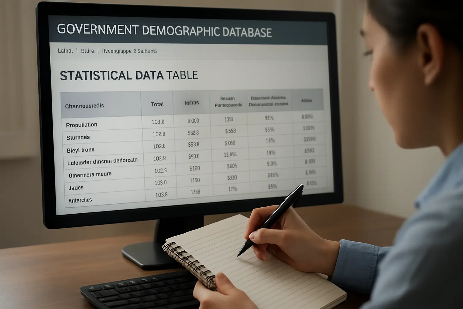 Estudante de Jornalismo consultando uma tabela de dados do IBGE em um computador para embasar uma reportagem de TCC