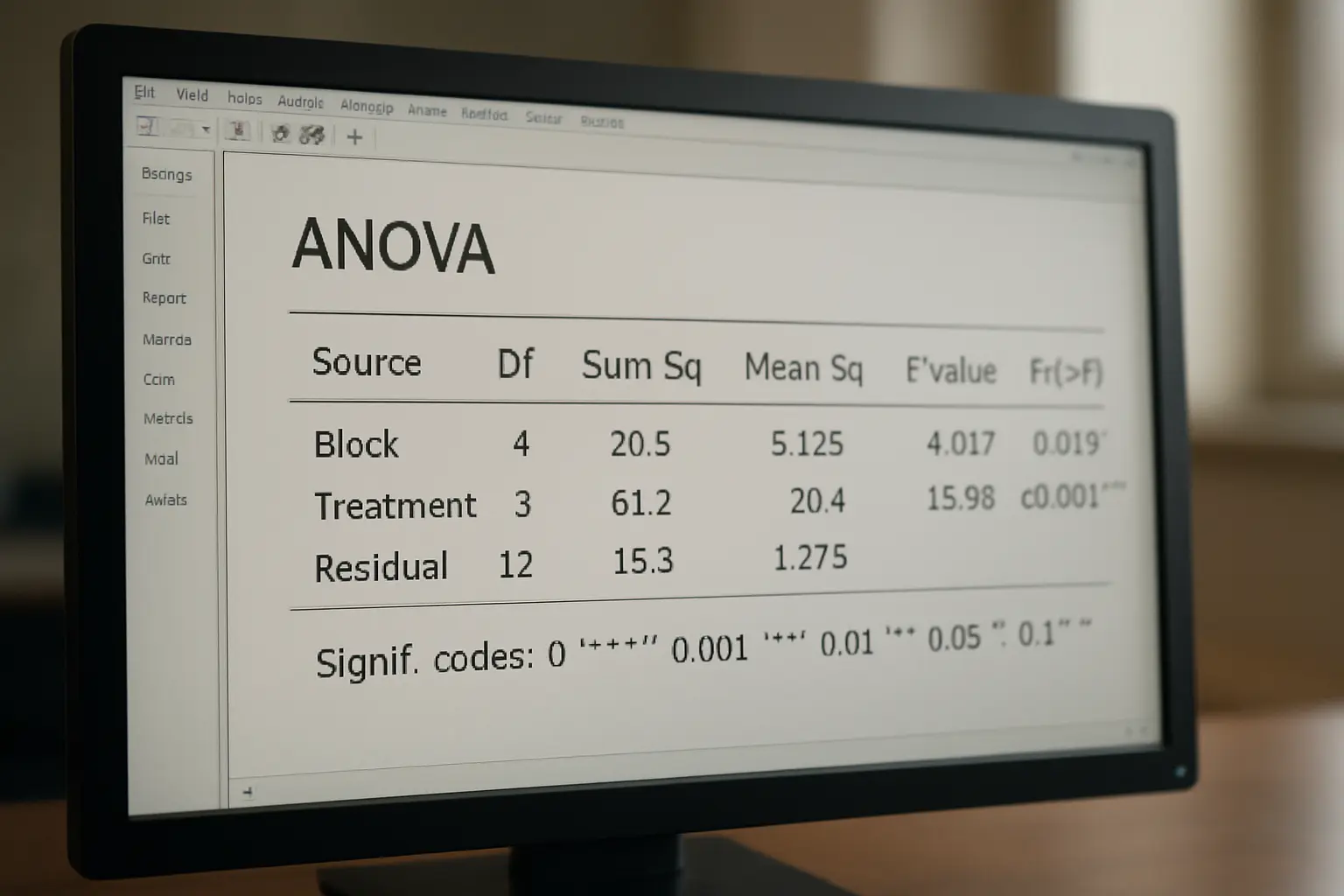 Tela de computador mostrando uma tabela de análise de variância de um experimento agronômico sendo processada em um software estatístico