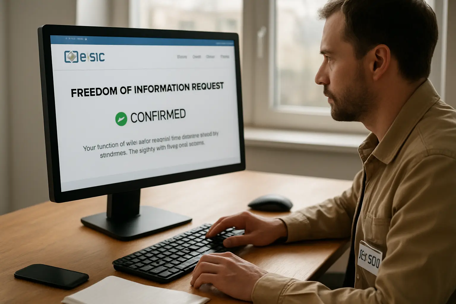 Jornalista conferindo um pedido de acesso à informação protocolado no sistema e-SIC em um computador