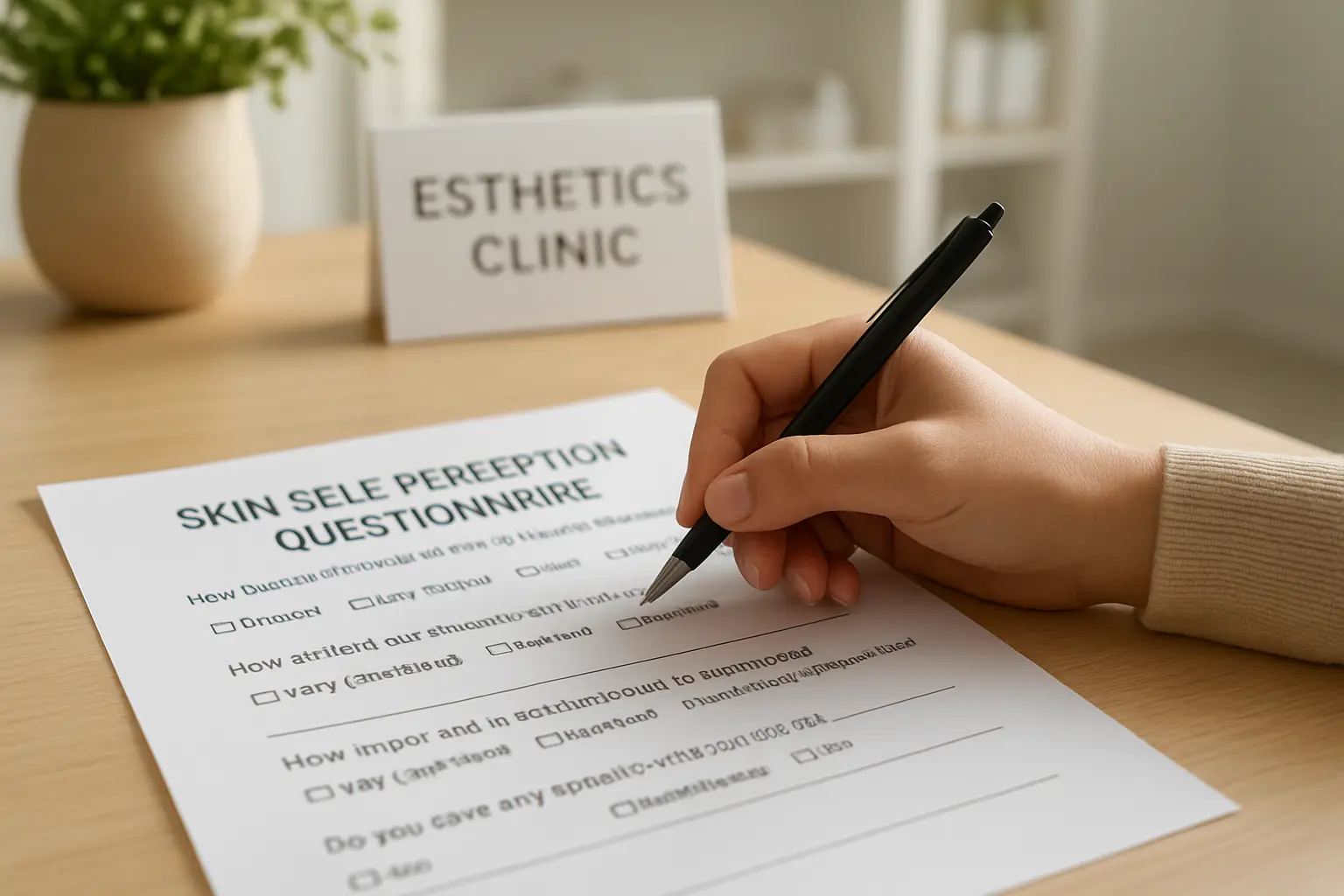 Questionário de autopercepção da pele preenchido por uma participante em consultório de estética