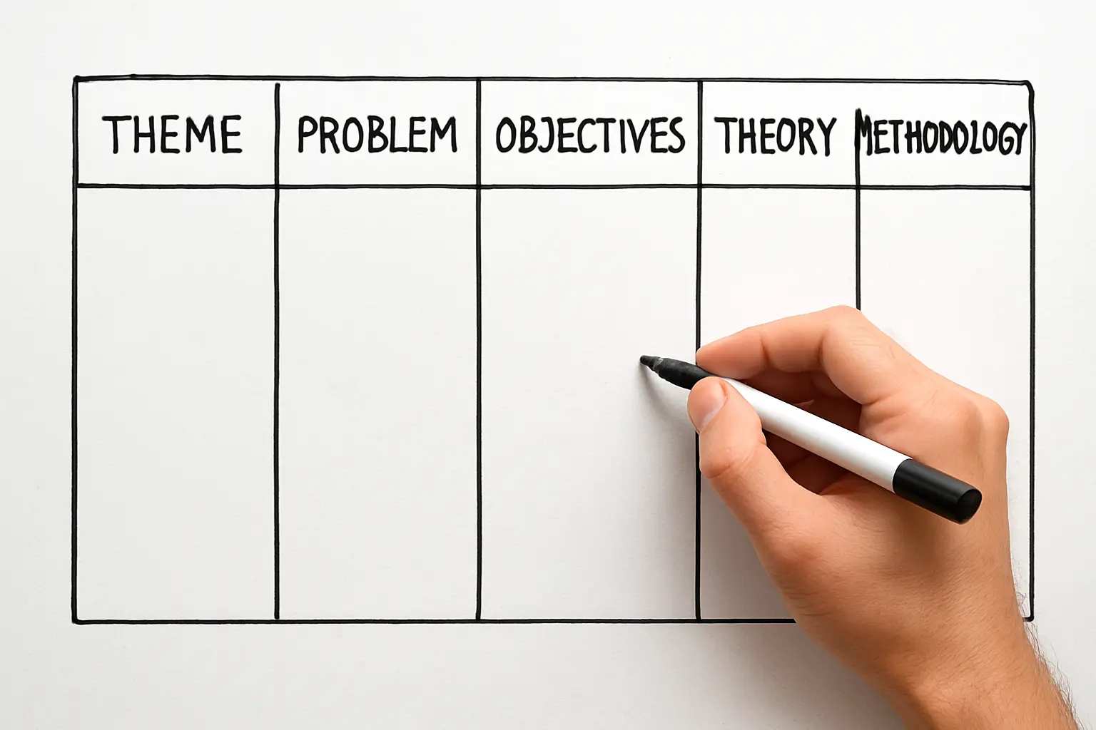 Quadro com as colunas da matriz de amarração: tema, problema, objetivos, referencial e metodologia