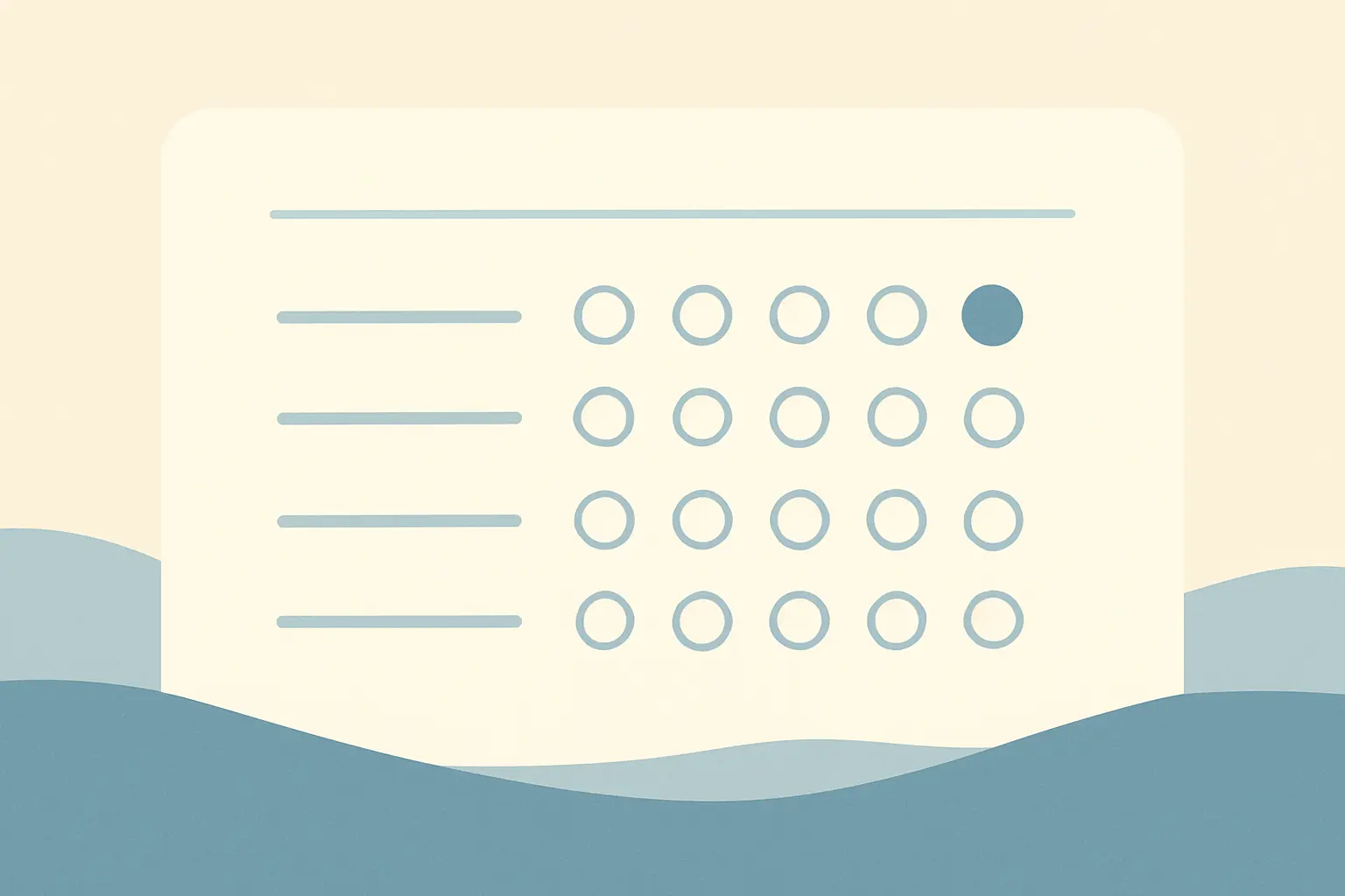 Ilustração de questionário com linhas de escala de cinco pontos e uma opção marcada em cada linha