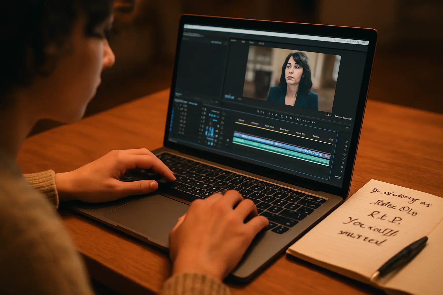 Estudante de Jornalismo editando um vídeo de reportagem em um computador, com anotações do memorial descritivo ao lado