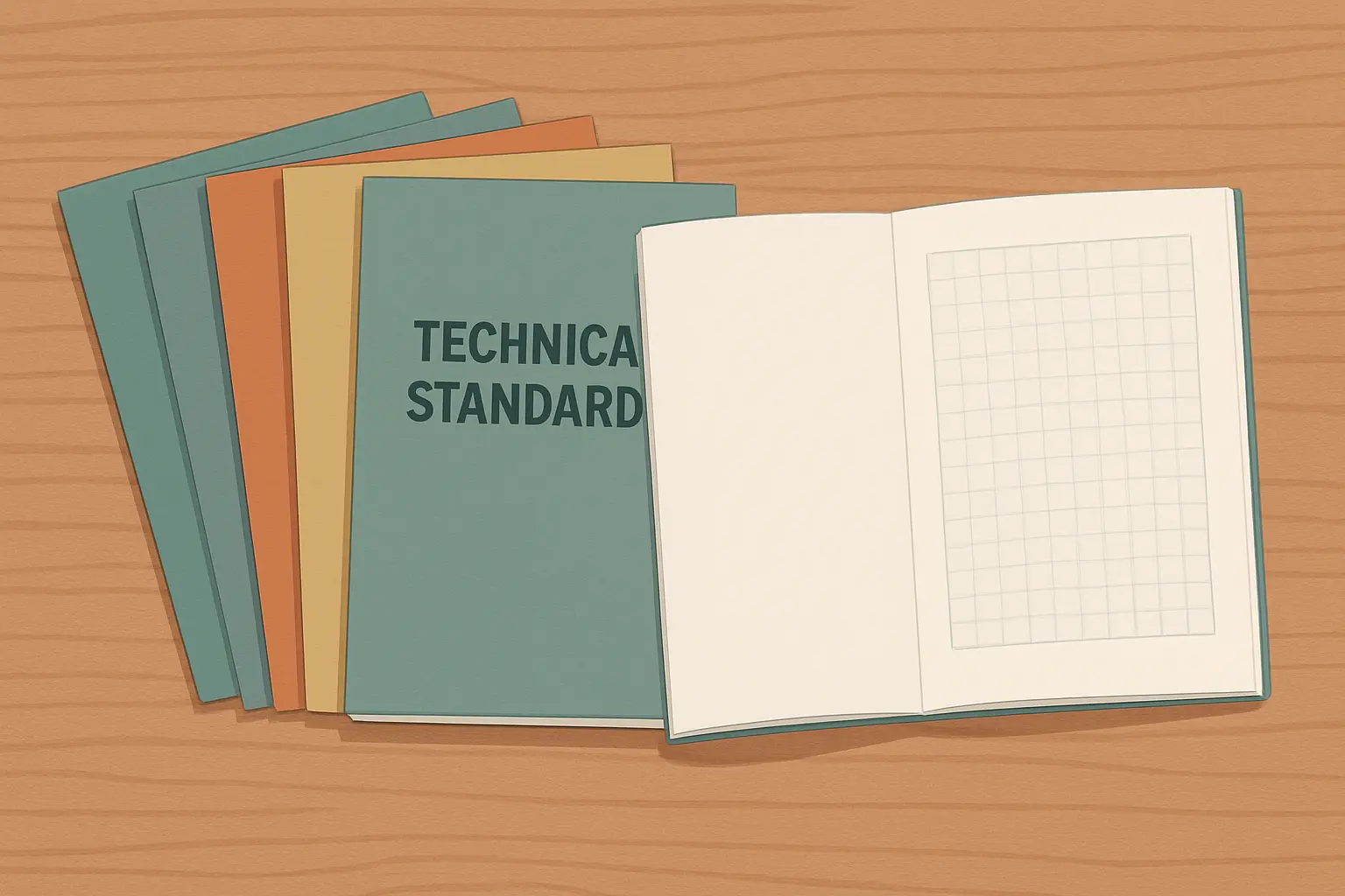 Ilustração de seis cadernos de normas técnicas empilhados, um aberto mostrando a mancha gráfica e as margens