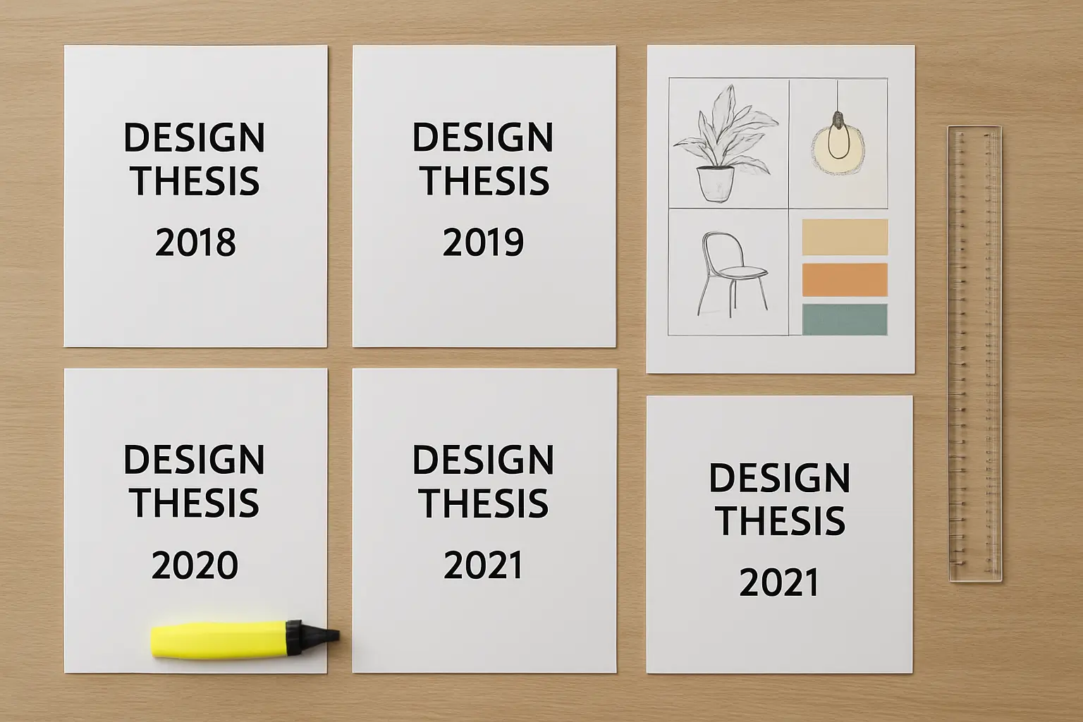 Mesa com folhas de rosto de teses de Design impressas organizadas por ano, ao lado de um mood board