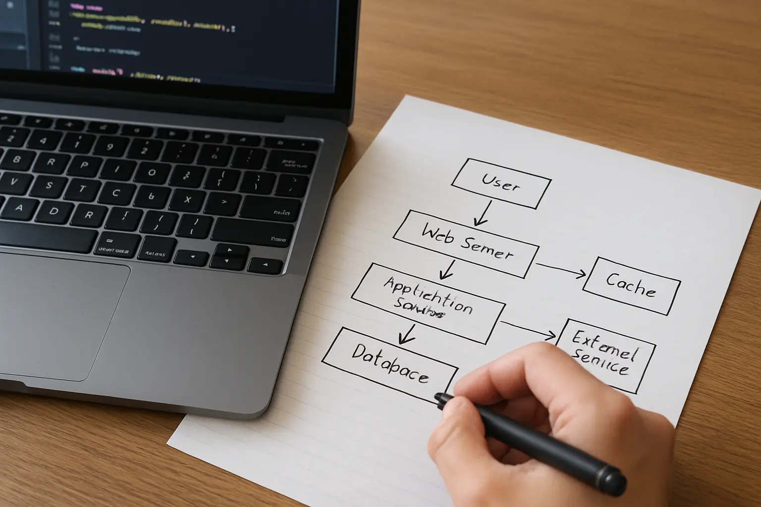 Estudante de ADS documentando arquitetura de sistema em diagrama para a metodologia do TCC