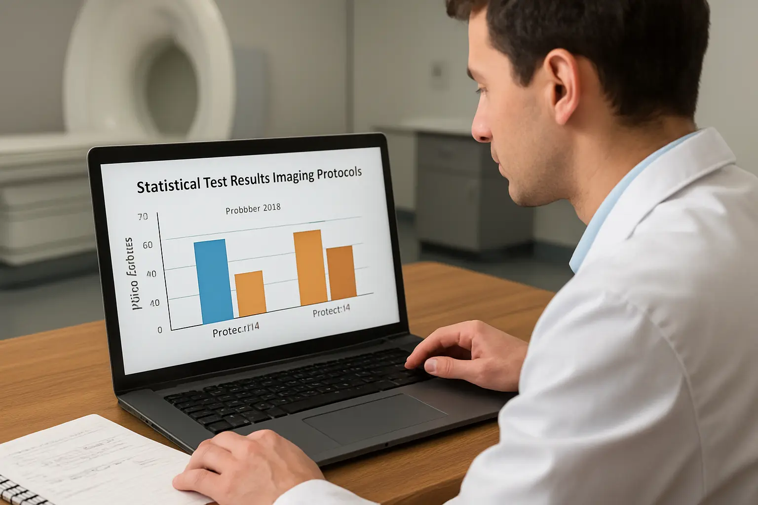 Estudante de Radiologia analisando resultado de teste estatístico em software para comparar protocolos no TCC