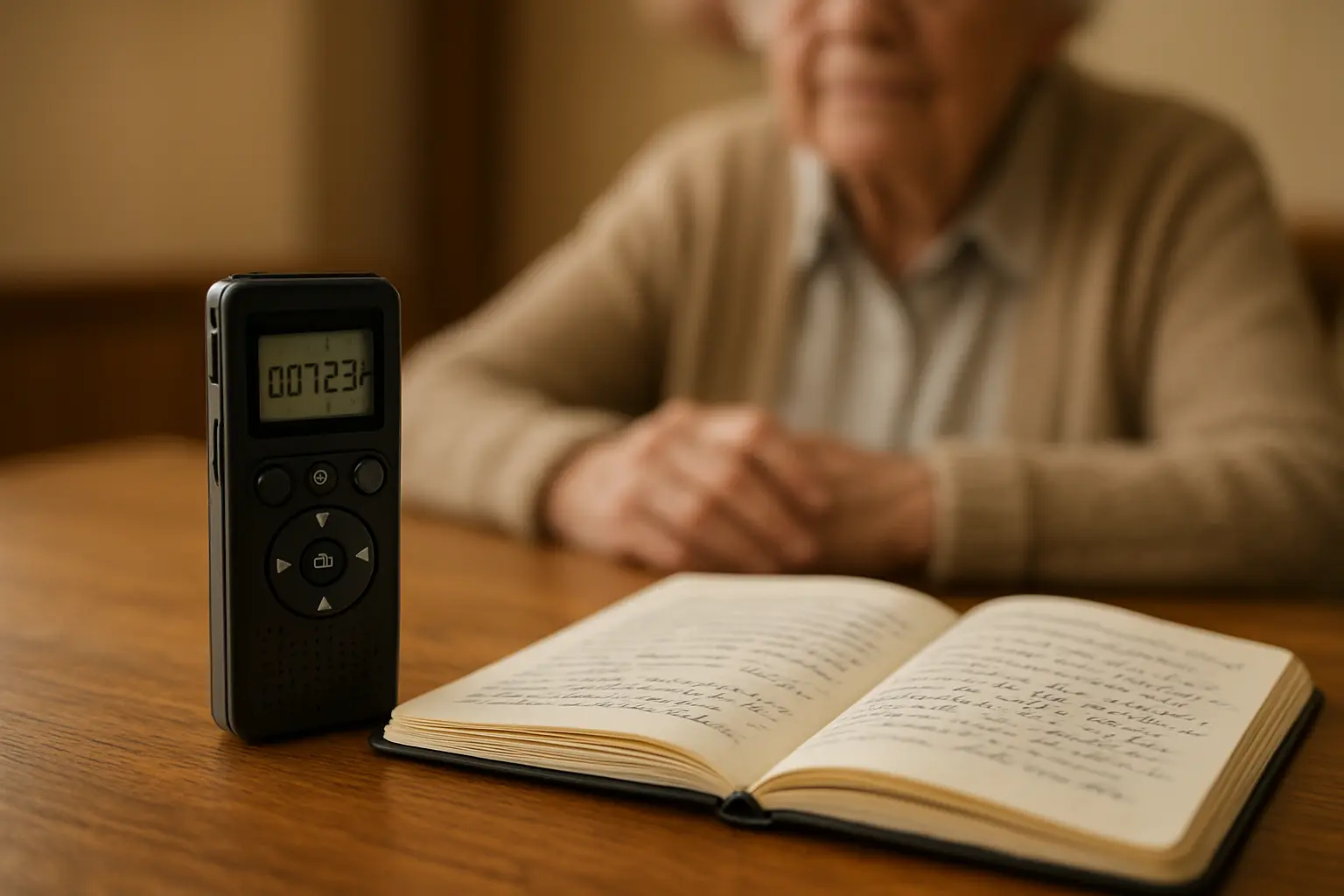 Gravador digital e caderno de anotações sobre a mesa durante uma entrevista de história oral com uma pessoa idosa