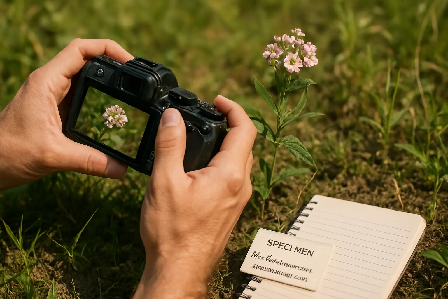 Fotografia de campo de uma planta sendo registrada com etiqueta de identificação e caderno de coleta