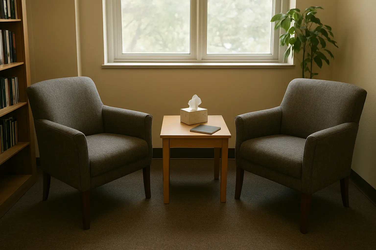 Sala de atendimento de um serviço-escola de Psicologia com duas poltronas e uma mesa pequena