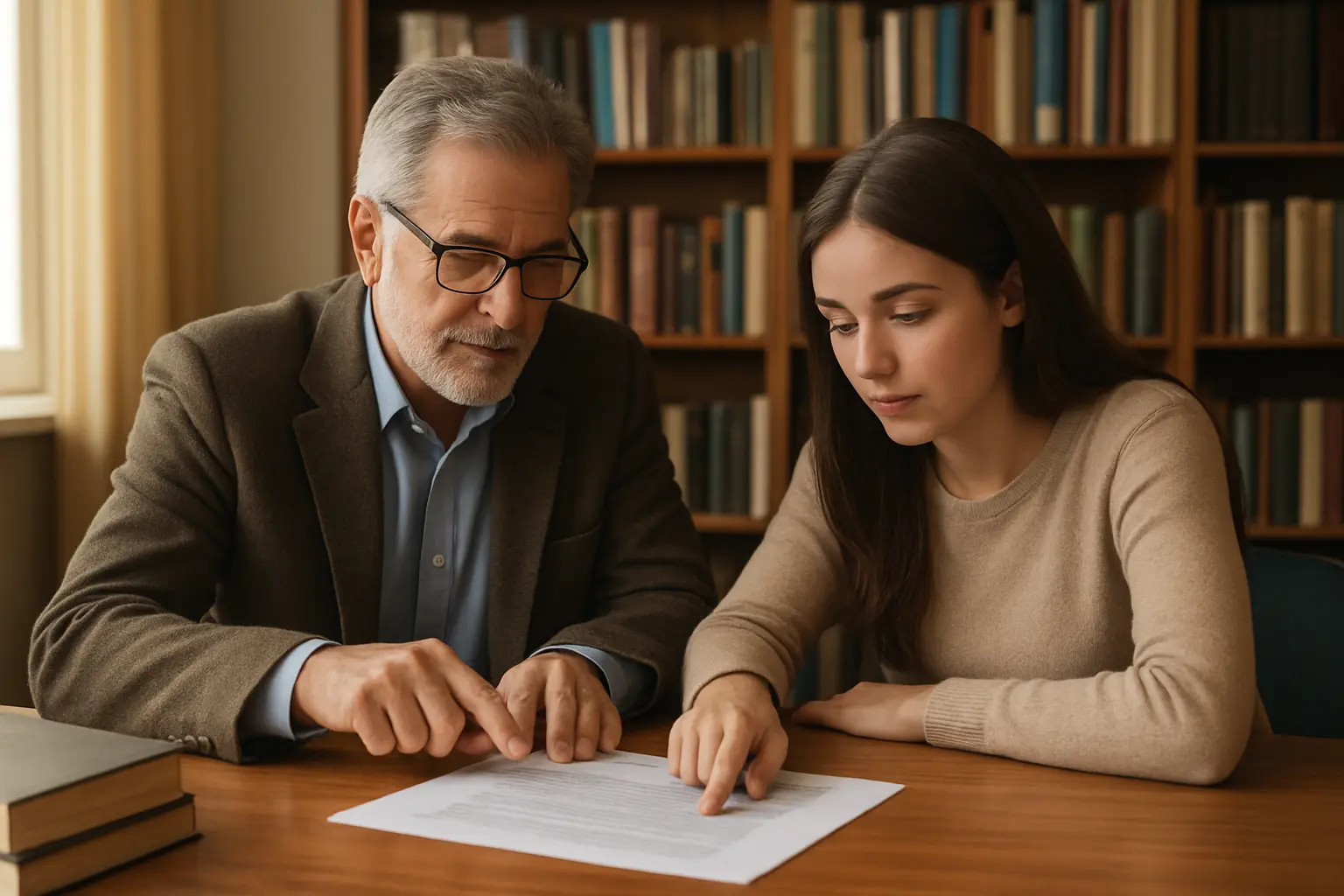 Orientador e estudante revisando juntos o projeto de pesquisa impresso na sala do professor