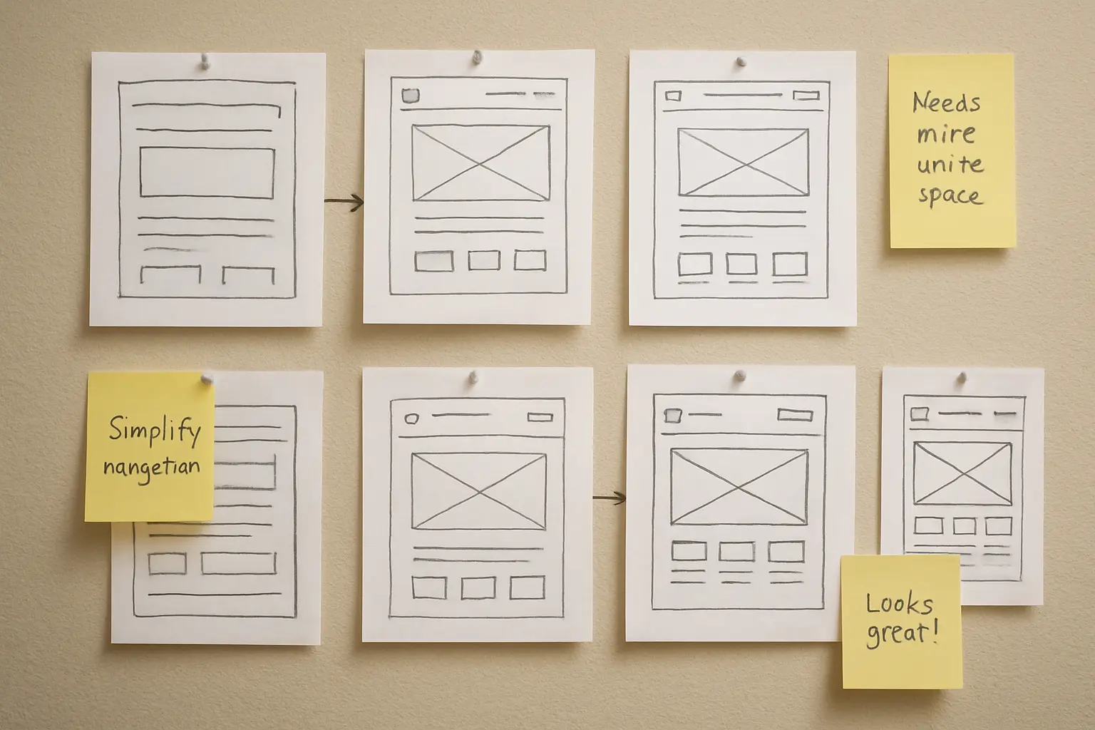 Sequência de esboços e wireframes de baixa fidelidade colados em um mural, mostrando a evolução de um projeto de design
