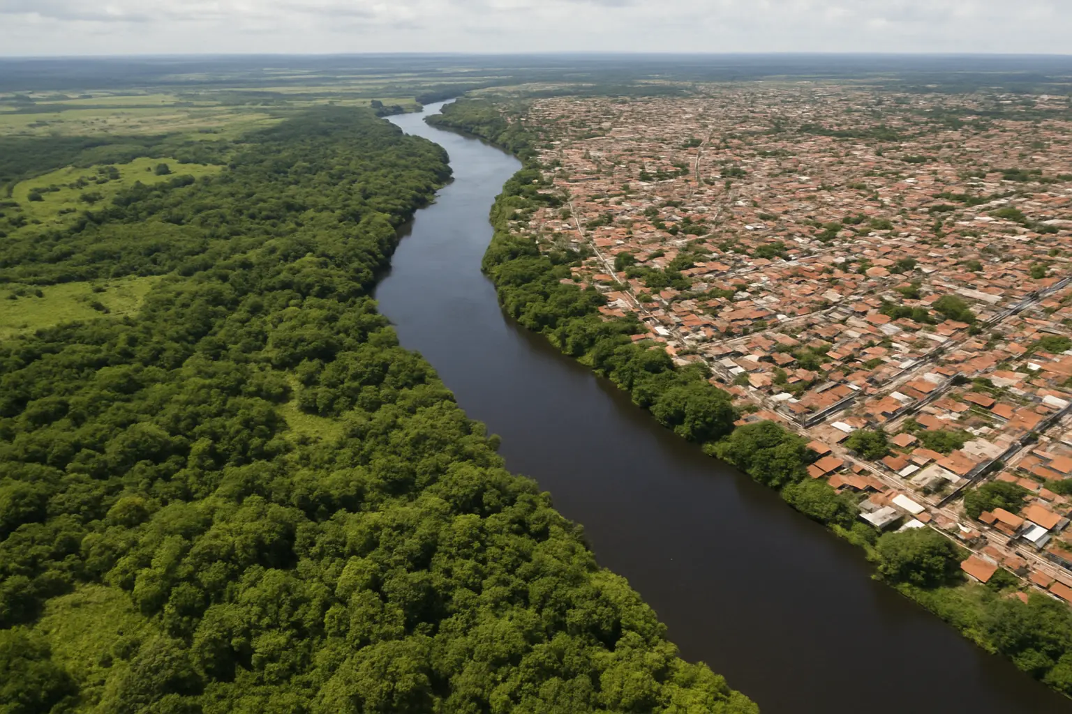 Vista aérea de bacia hidrográfica com expansão urbana, exemplo de recorte espacial para pesquisa de campo em Geografia