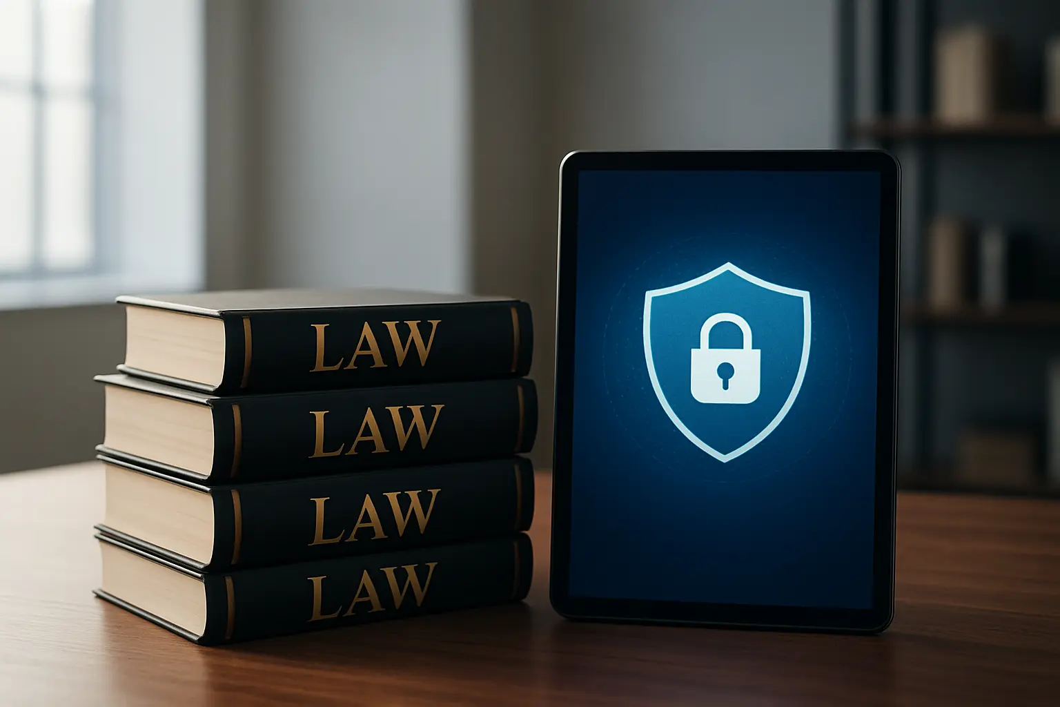 Livros de Direito e tablet representando a LGPD e a regulação de dados aplicada à IA