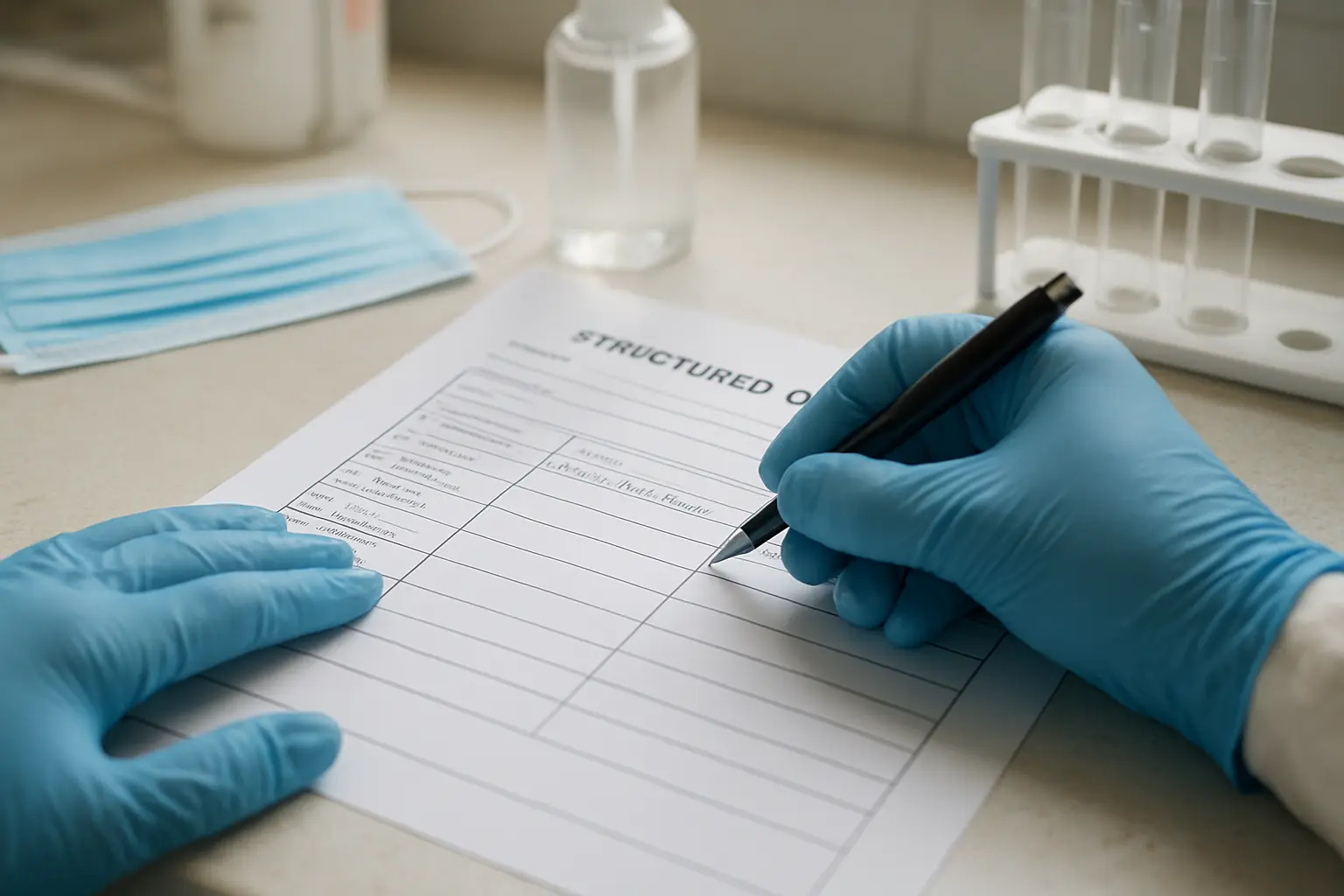 Checklist estruturado sendo preenchido durante observação de biossegurança em laboratório de análises clínicas de ensino
