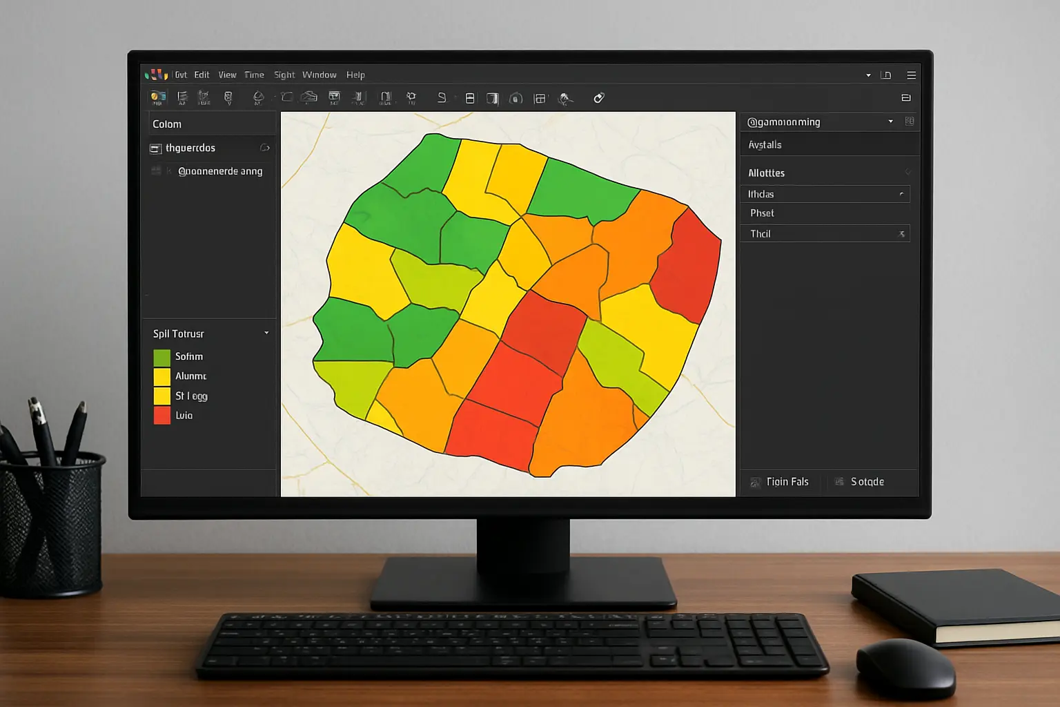 Mapa de zoneamento agrícola sendo editado em um software de geoprocessamento em um computador, para um TCC de Agronomia