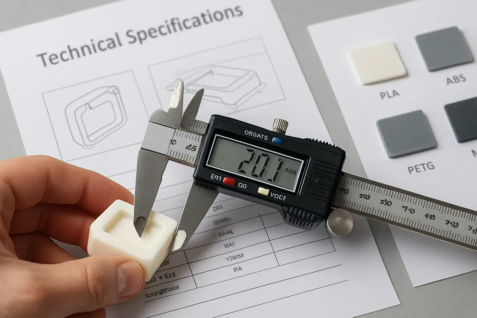Mão medindo com paquímetro um protótipo impresso em 3D ao lado de fichas técnicas de materiais