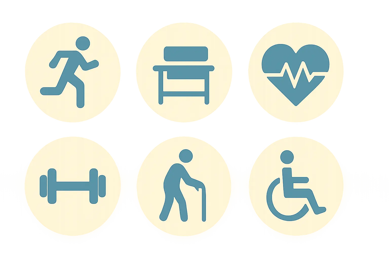 Ilustração de seis emblemas com ícones das áreas da Educação Física: esporte, escola, saúde, treinamento, envelhecimento e inclusão