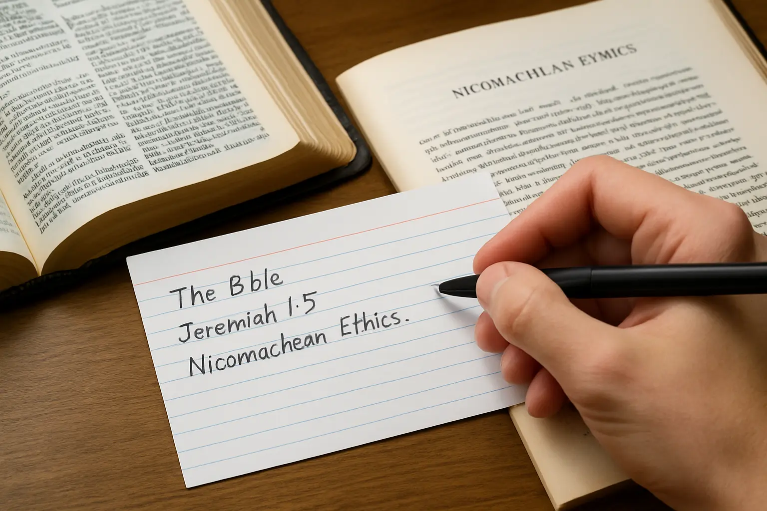 Estudante organizando referências bibliográficas mistas de fontes bíblicas e filosóficas para o TCC
